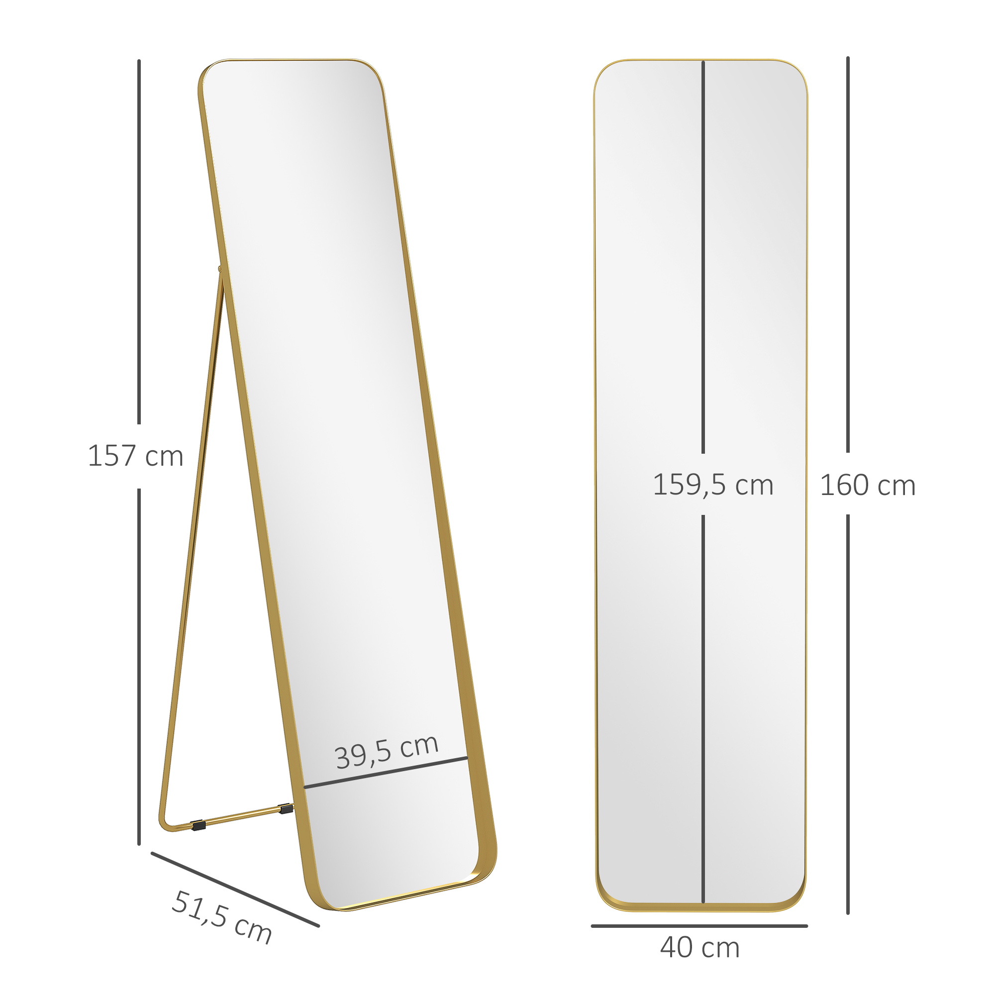 Ganzkörperspiegel, freistehend, neigbar, Metallrahmen, MDF, 160 x 40 cm, Goldfarben