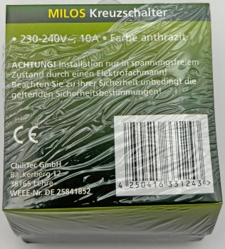 MILOS Kreuzschalter, Anthrazit / 250V~/ 10A, inkl. Rahmen, UP