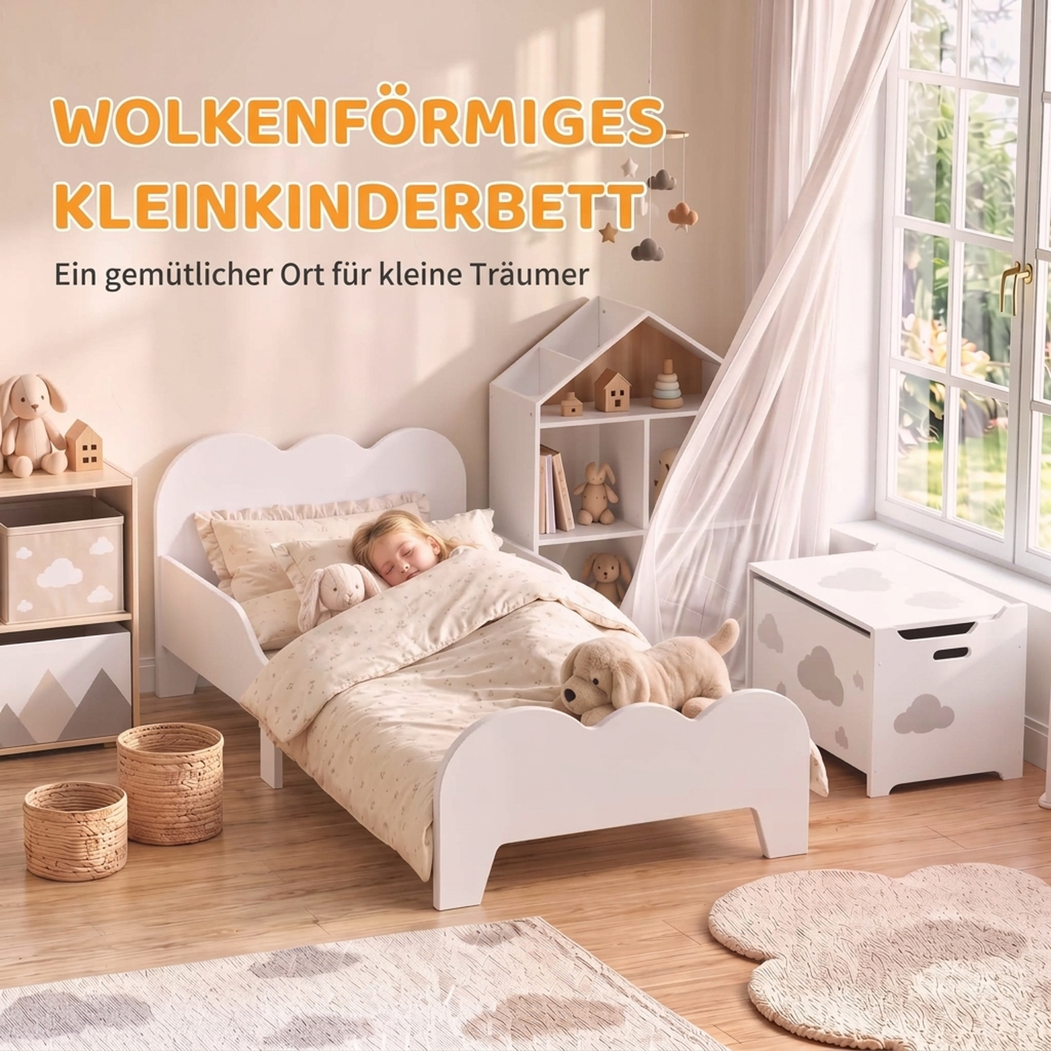 Kinderbett 140 x 70 cm Kleinkindbett mit Rausfallschutz, Lattenrost, Wolken-Design 3-8 Jahre, ohne Matratze, Weiß