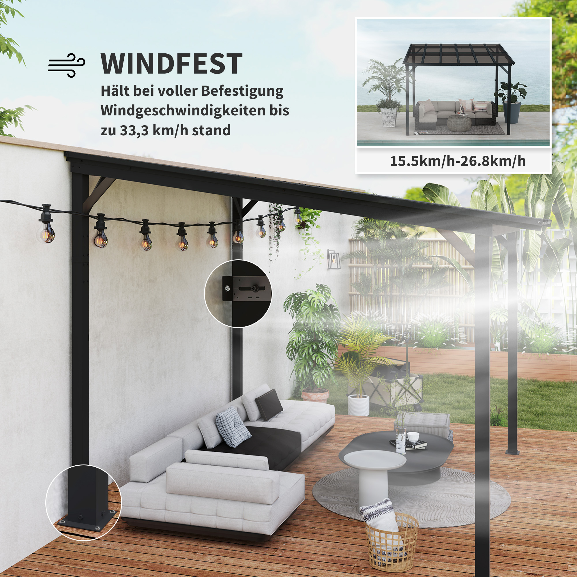 3 x 3 m Metallpergola, Gartenpergola mit wasserfestem Dach, freistehend, windfest, UV-beständig, Dunkelgrau