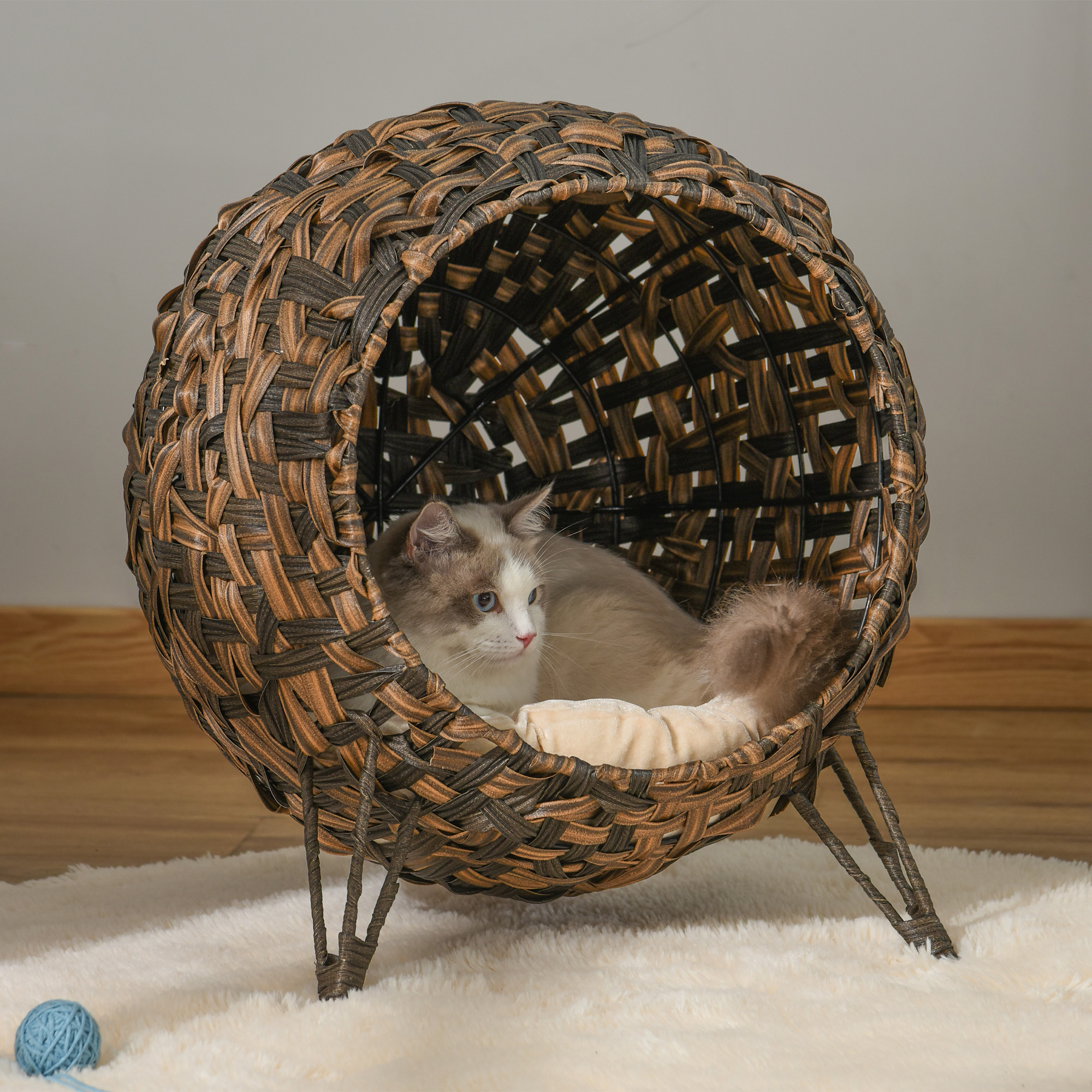 Katzenhaus aus Rattan mit Kissen Katzenschlafplatz Katzenhöhle mit erhöhten Füßen Braun Ø52 x 58 cm