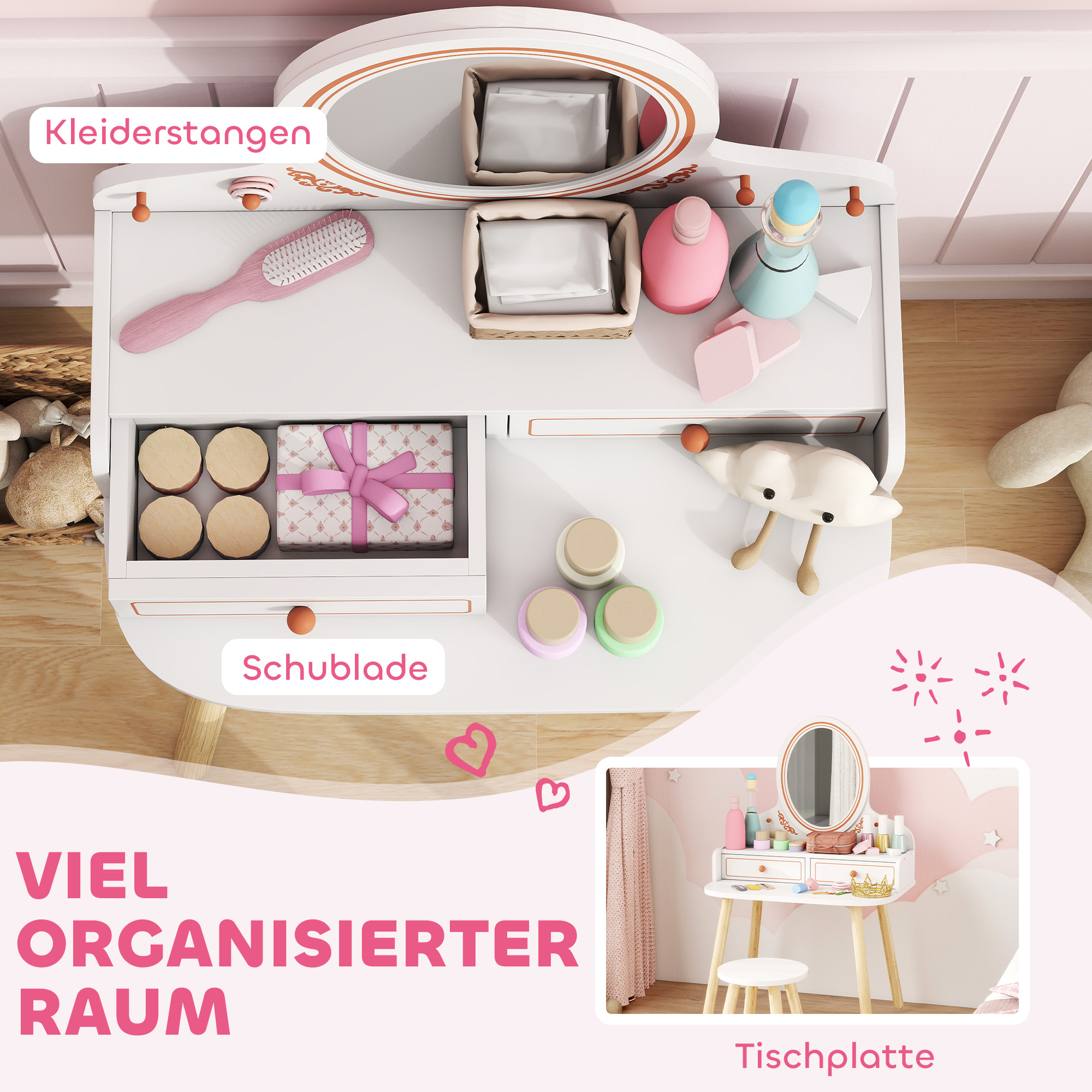 Kinder Schminktisch Set Frisiertisch mit Hocker Spiegel Schubladen Kleiderstangen für 3-8 Jahre 56 x 38 x 87,8 cm Weiß
