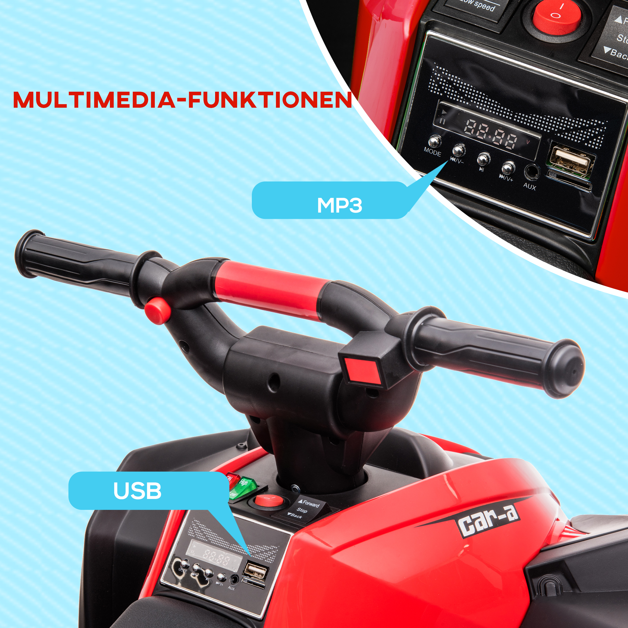 Elektro-Kinderquad, LED-Scheinwerfer, MP3-Player, Stoßdämpfer, ergonomischer Sitz, Rot+Schwarz