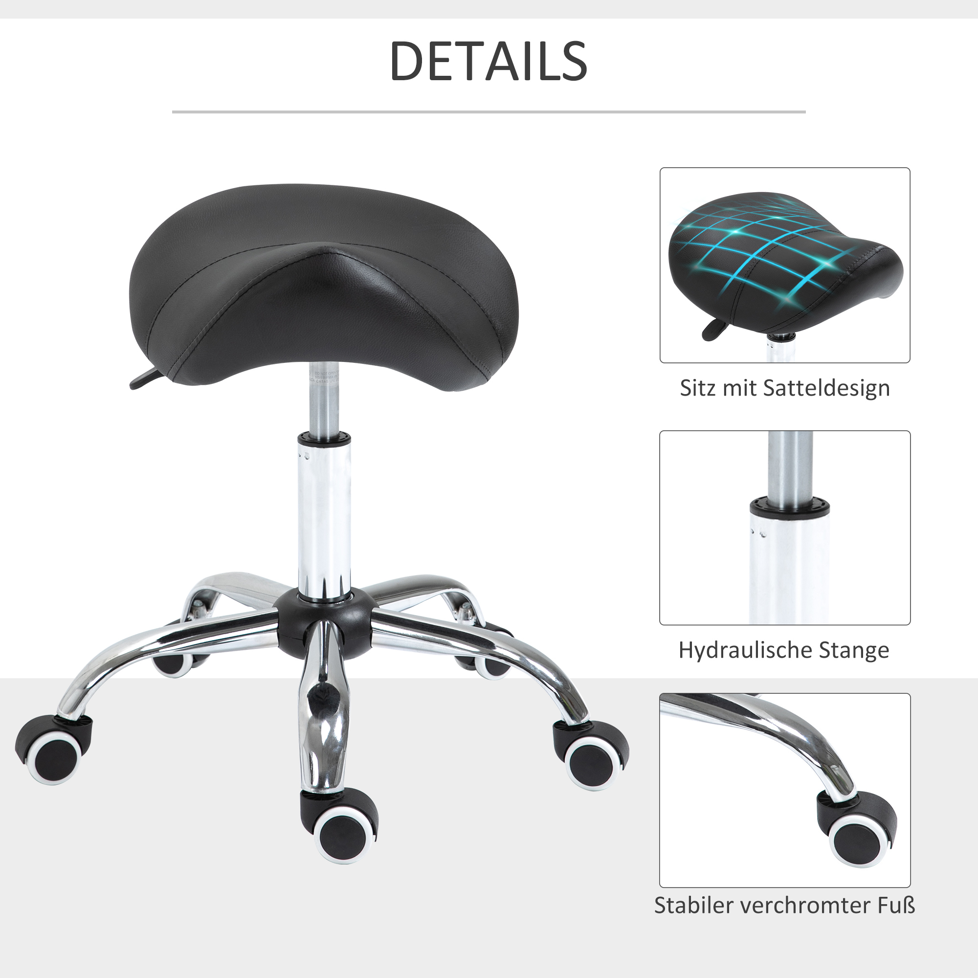 Rollhocker höhenverstellbar Drehhocker 49-61 cm Arbeitshocker drehbar Sattelhocker für Büro Salon Massage Spa Schwarz