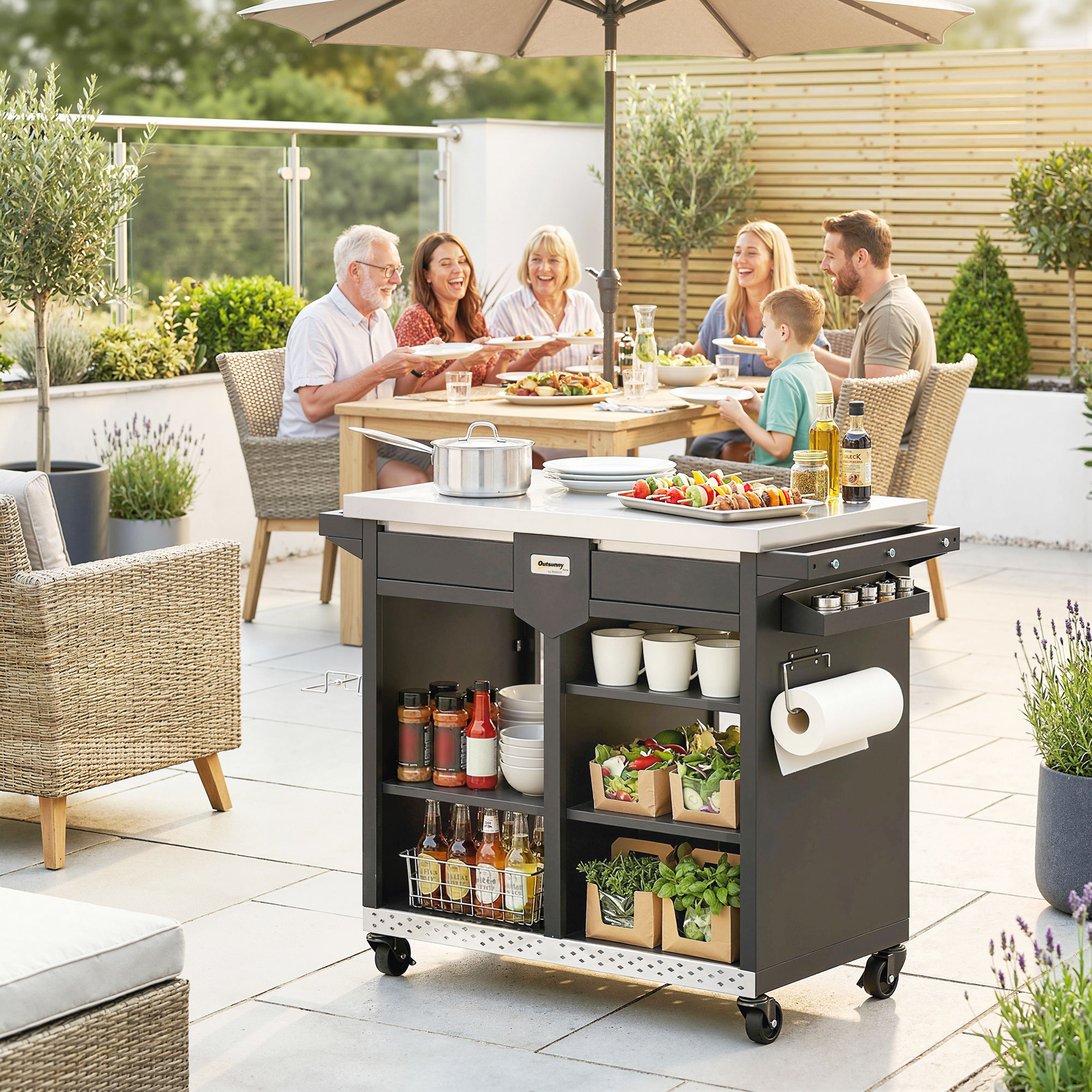 Grillwagen 5-Etagen Grilltisch mit Edelstahl Arbeitsfläche verstellbar Regale Schublade Rollen Gewürzhalter Müllständer