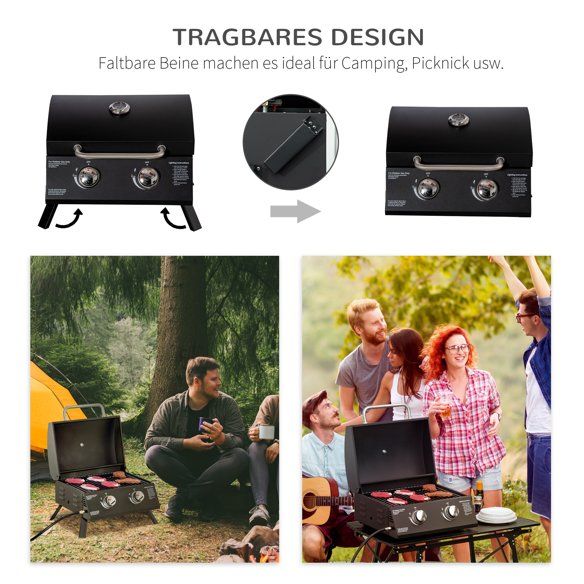 Tischgrill Gasgrill BBQ mit 2 Brennern mobiler Grillwagen Grillnetz klein Outdoor Tischgasgrill Picknick mit Druckminderer Schlauch Edelstahl Schwarz 55 x 46,5 x 41 cm