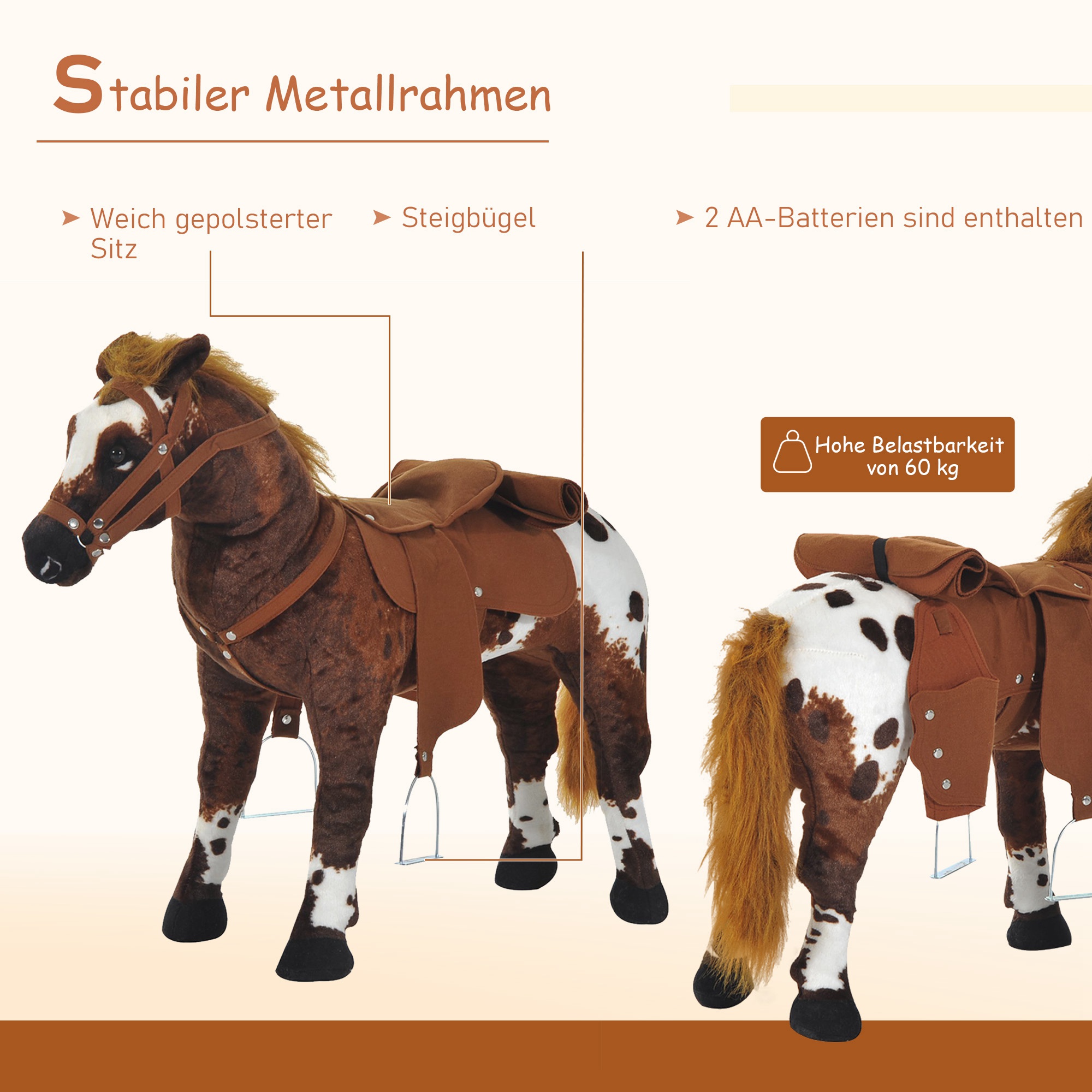 Reitpferd Spielpferd zum Reiten Stehpferd mit Sattel, Sound, Steigbügel Plüschpferd für Kinder ab 2 Jahren Braun