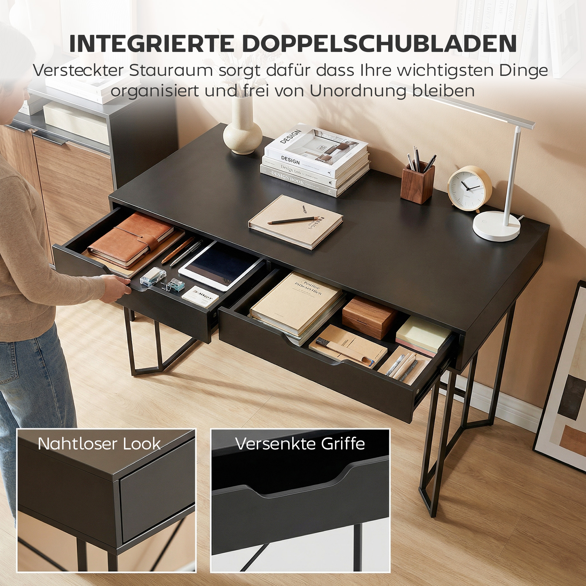 Kleiner Computertisch mit 2 Schubladen, Schreibtisch mit großer Arbeitsfläche 120 x 60 x 77 cm Schwarz