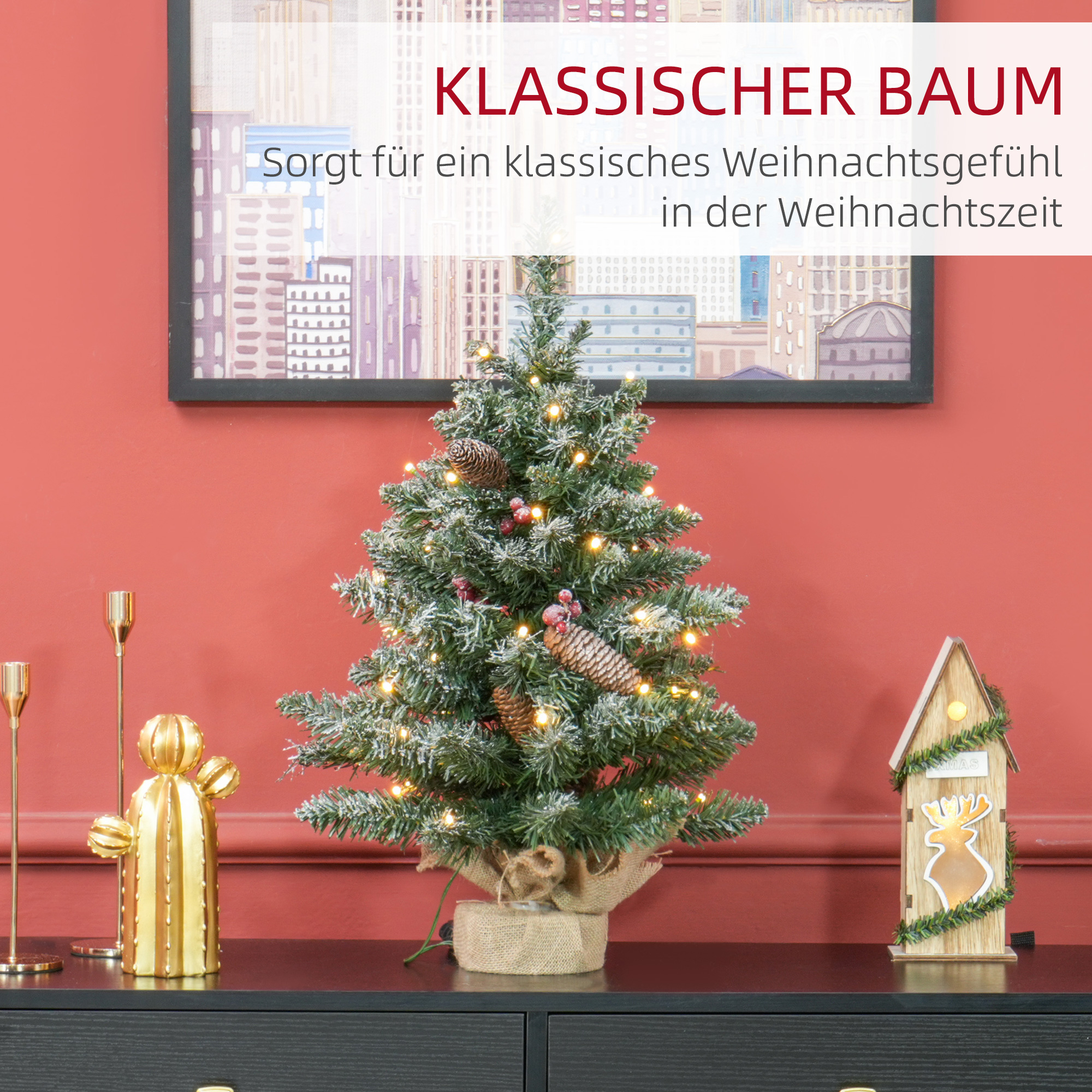Weihnachtsbaum mit LED-Beleuchtung, 60 cm, Tannenzapfen und rote Beeren, inkl. Ständer, Grün/Weiß