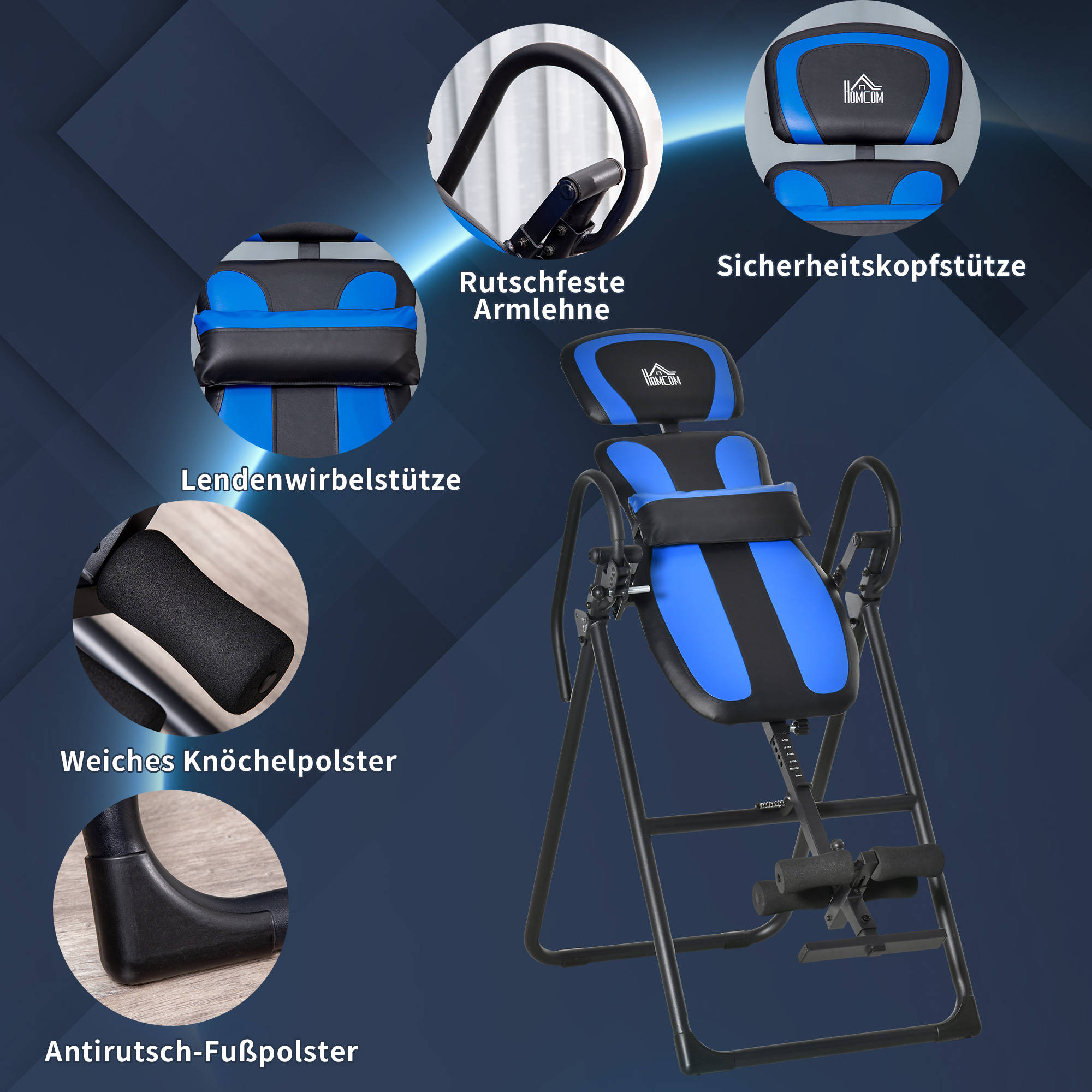Inversionsbank klappbarer Schwerkrafttrainer mit zwei beweglichen Rädern eingestellt Rückenpolster Metall ABS Schwarz+Blau 132 x 71 x 145 cm