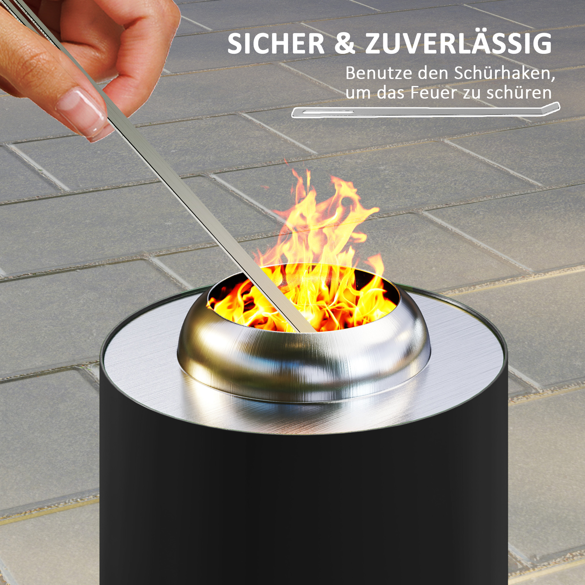 Feuerschale Ø16x25cm aus Edelstahl Feuerstelle mit Schürhaken Rauchfreie Feuerschalen Schwarz