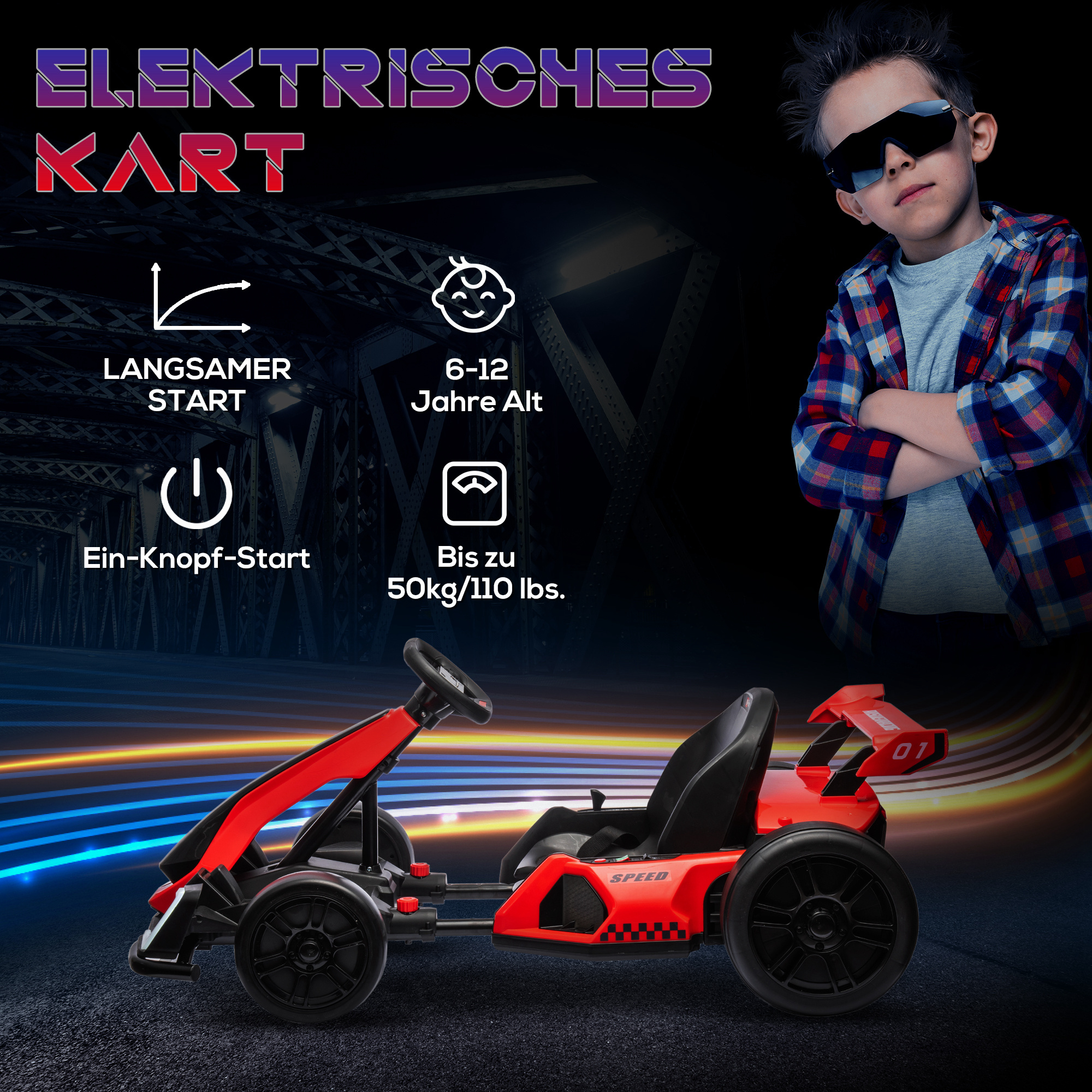 Go-Kart für Kinder, Elektro-Kart mit Hupe und Musikfunktion, verstellbarer Sitz, bis 12 km/h, Kunststoff, Metall, Rot