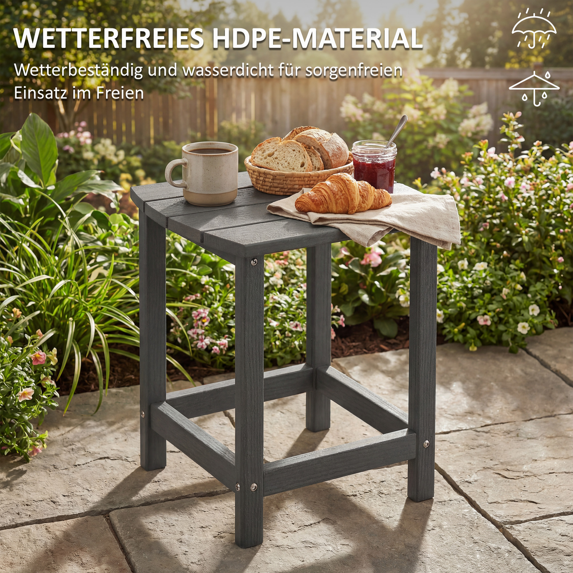 Gartentisch, Wetterfest Balkontisch aus HDPE, Esstisch Outdoor Campingtisch für Garten Terrasse Balkon 48x37x46 cm Grau