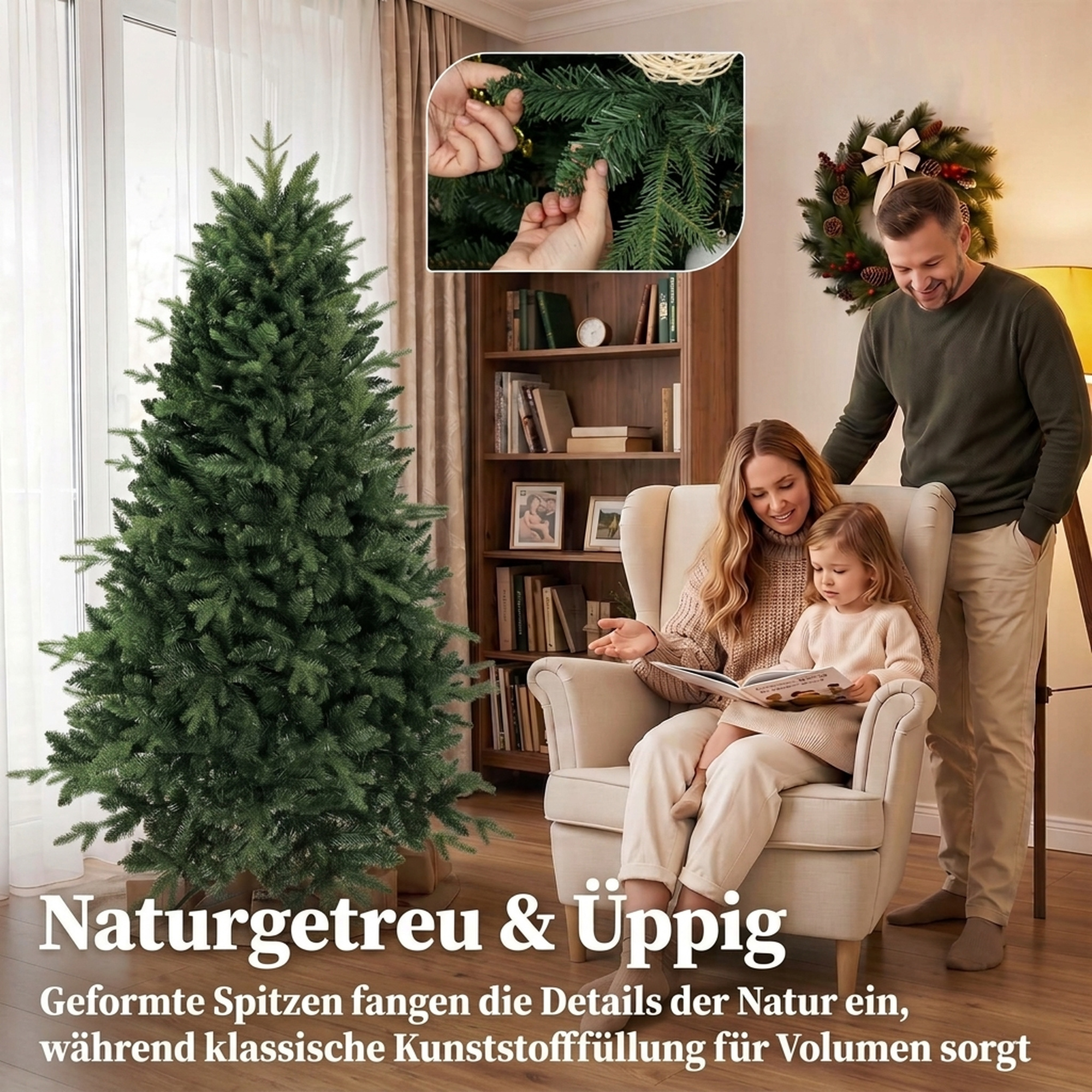künstlicher Weihnachtsbaum wie echt Spritzguss Tannenbaum mit 1237 Spitzen und Metallständer 180 cm Grün