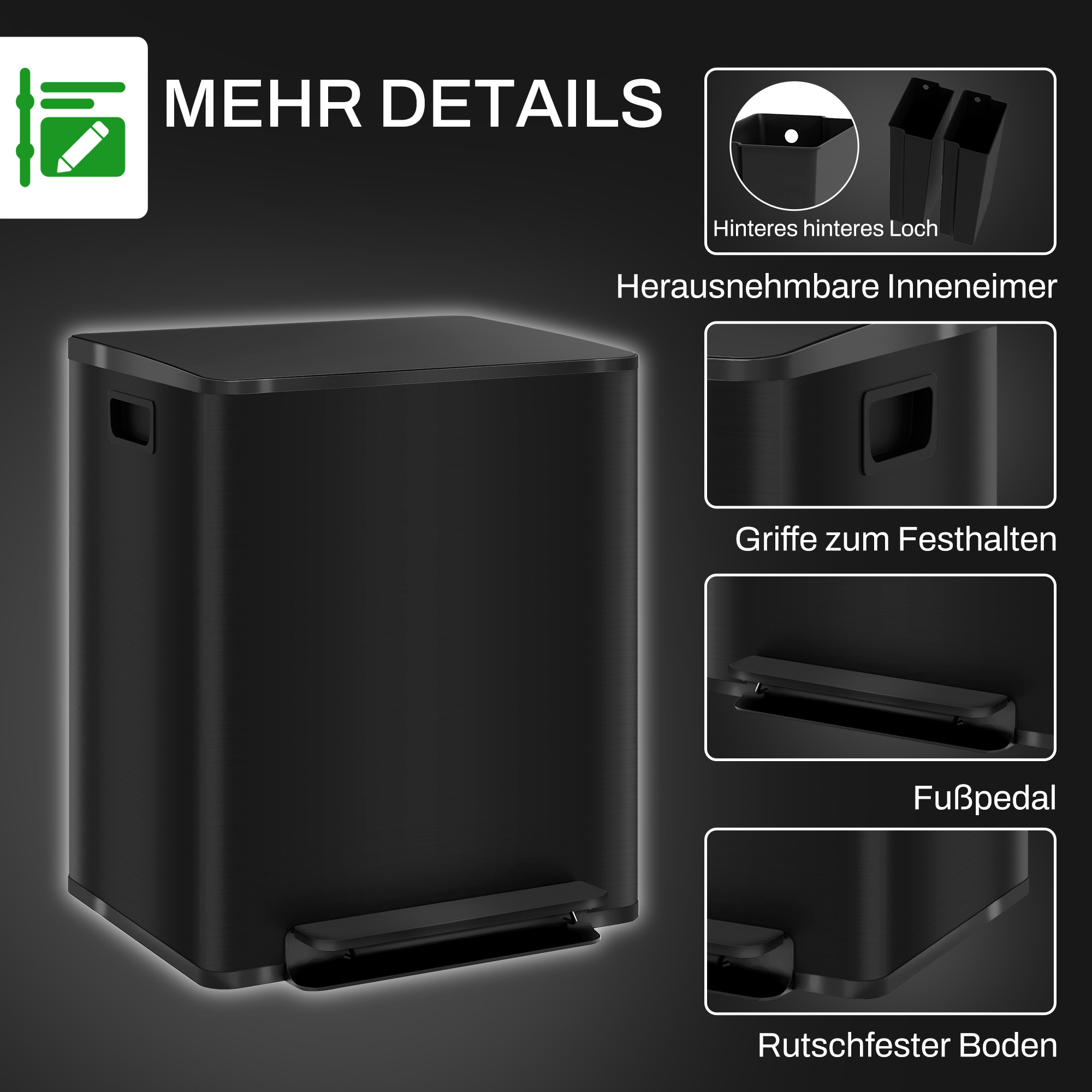 Mülleimer mit 2x25L Fächern, Soft-Close-Deckel, Fingerabdrucksicher, Edelstahl, Schwarz