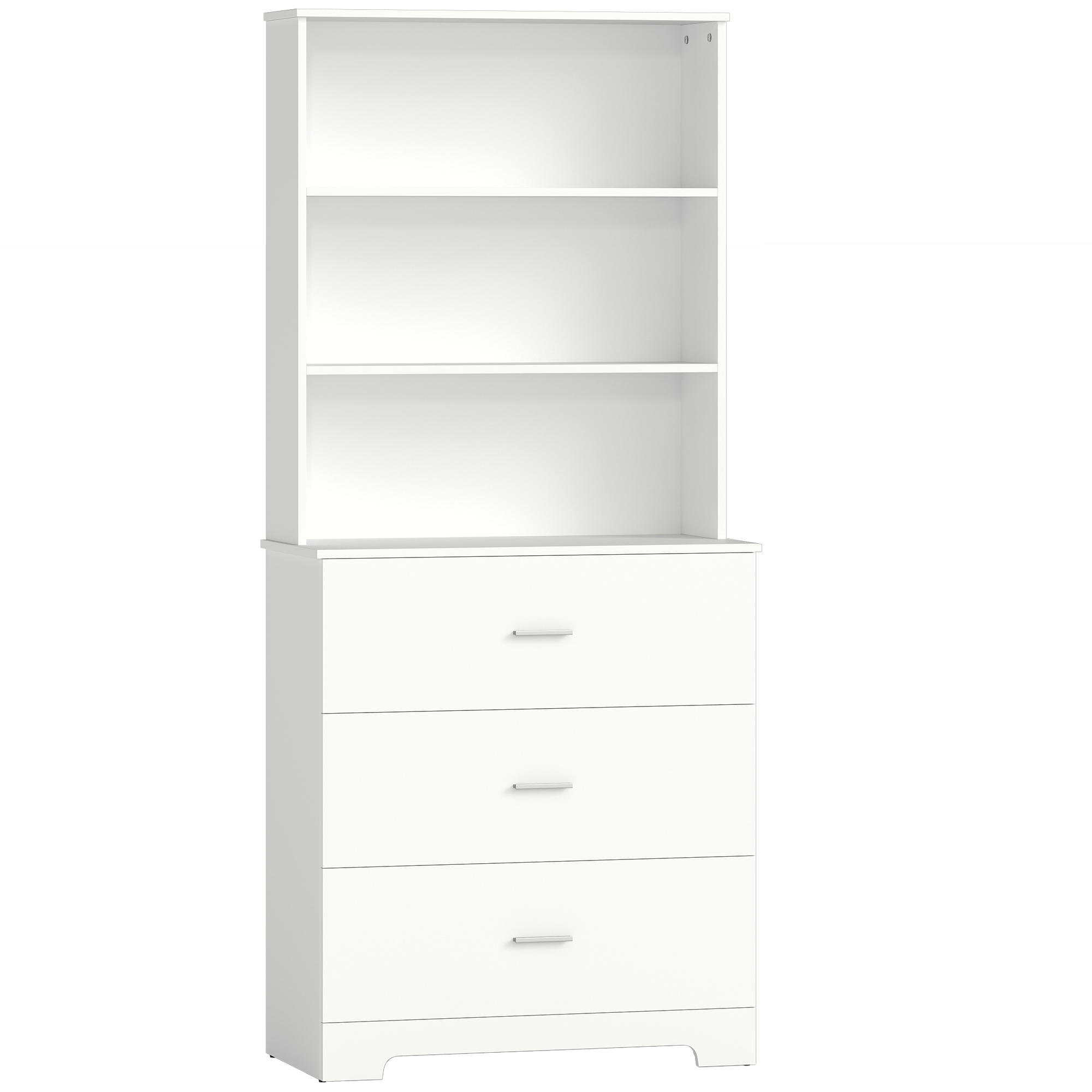 Bücherschrank Hochschrank Vitrinenschrank mit 3 Schubladen, 3 offen Regalen, für Wohnzimmer Küche, 79x39,5x180 cm, Weiß