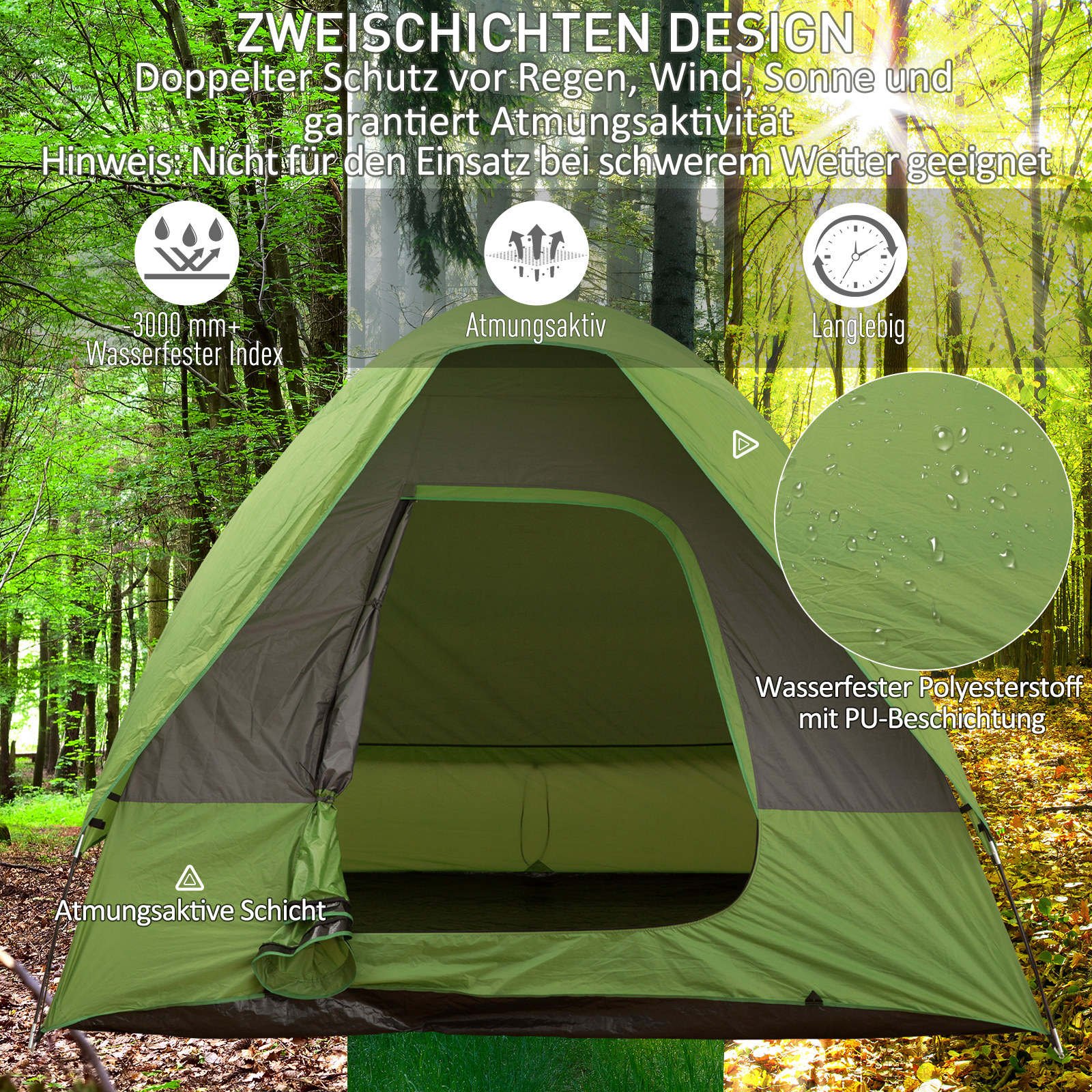 Autozelt, Campingzelt, Reisezelt, für 4-5 Personen, Glasfaser Polyester, Grün, 300 x 300 x 230 cm