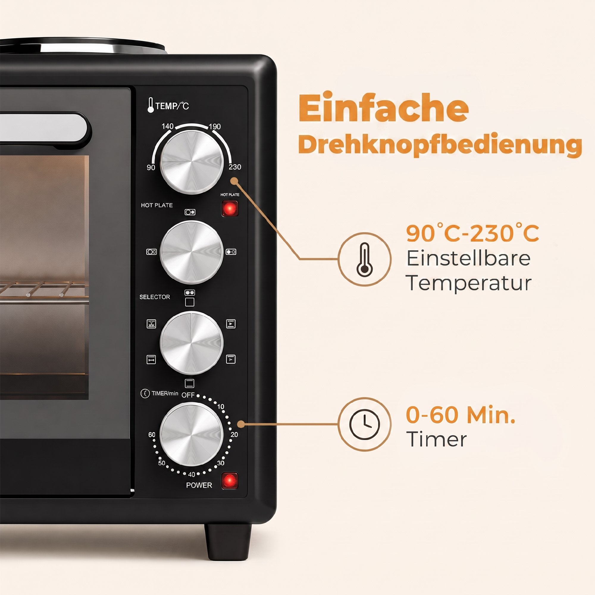 36L Mini-Backofen mit 2 Kochplatten, elektrischer Tischbackofen mit Umluft, 90–230 °C