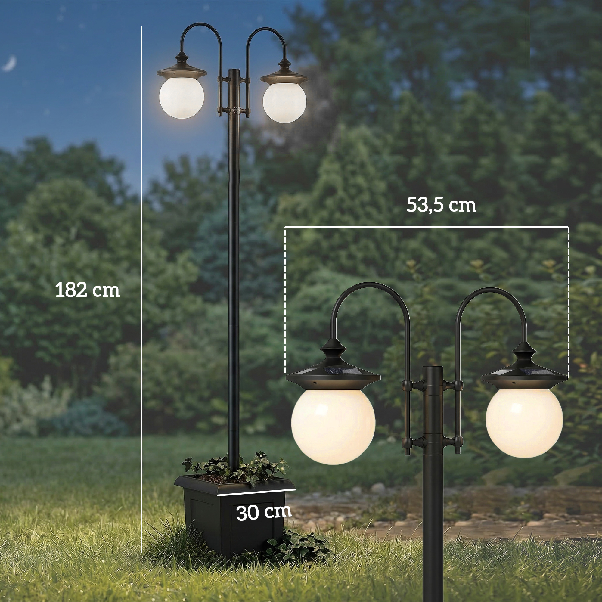 Solar Laterne Stehleuchte 182 cm Höhenverstellbar Außen Gartenlaterne mit 2 Köpfen Pflanzgefäß Lichtsensor Schalter IP44