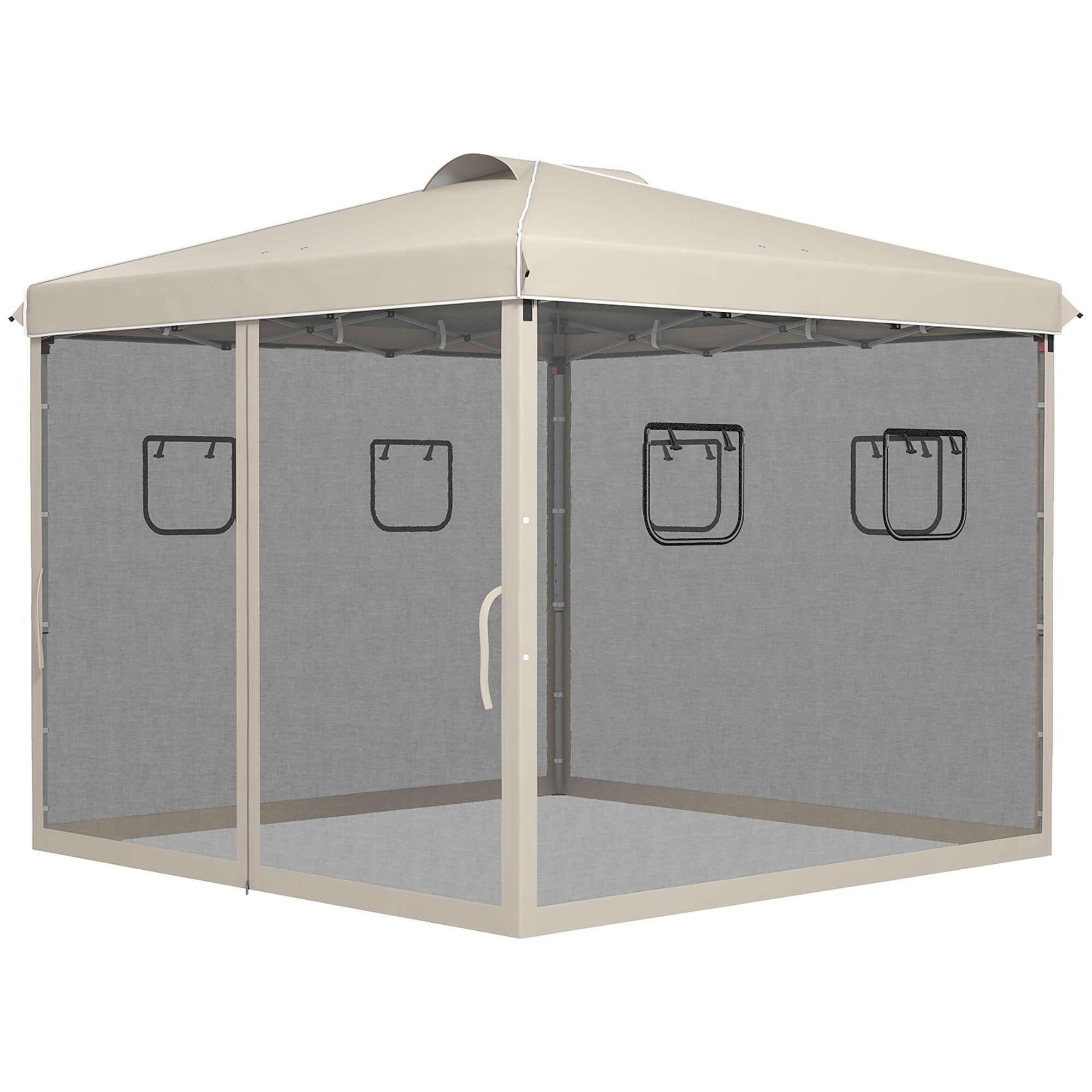 Faltpavillon, höhenverstellbar, Netzvorhänge, Tragetasche, Metallgestell, 3 x 3 x 3 m, Beige Faltpavillon, höhenverstellbar, Netzvorhänge, Tragetasche, Metallgestell, 3 x 3 x 3 m, Beige