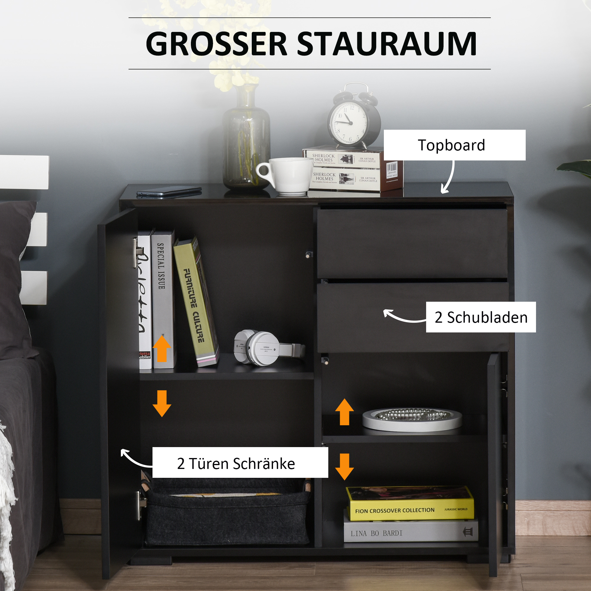 Aufbewahrungsschrank mit 2 Schubladen, 2 Türen, mit Kippschutz, für Wohnzimmer, Schlafzimmer, 79 x 36 x 74 cm, Schwarz