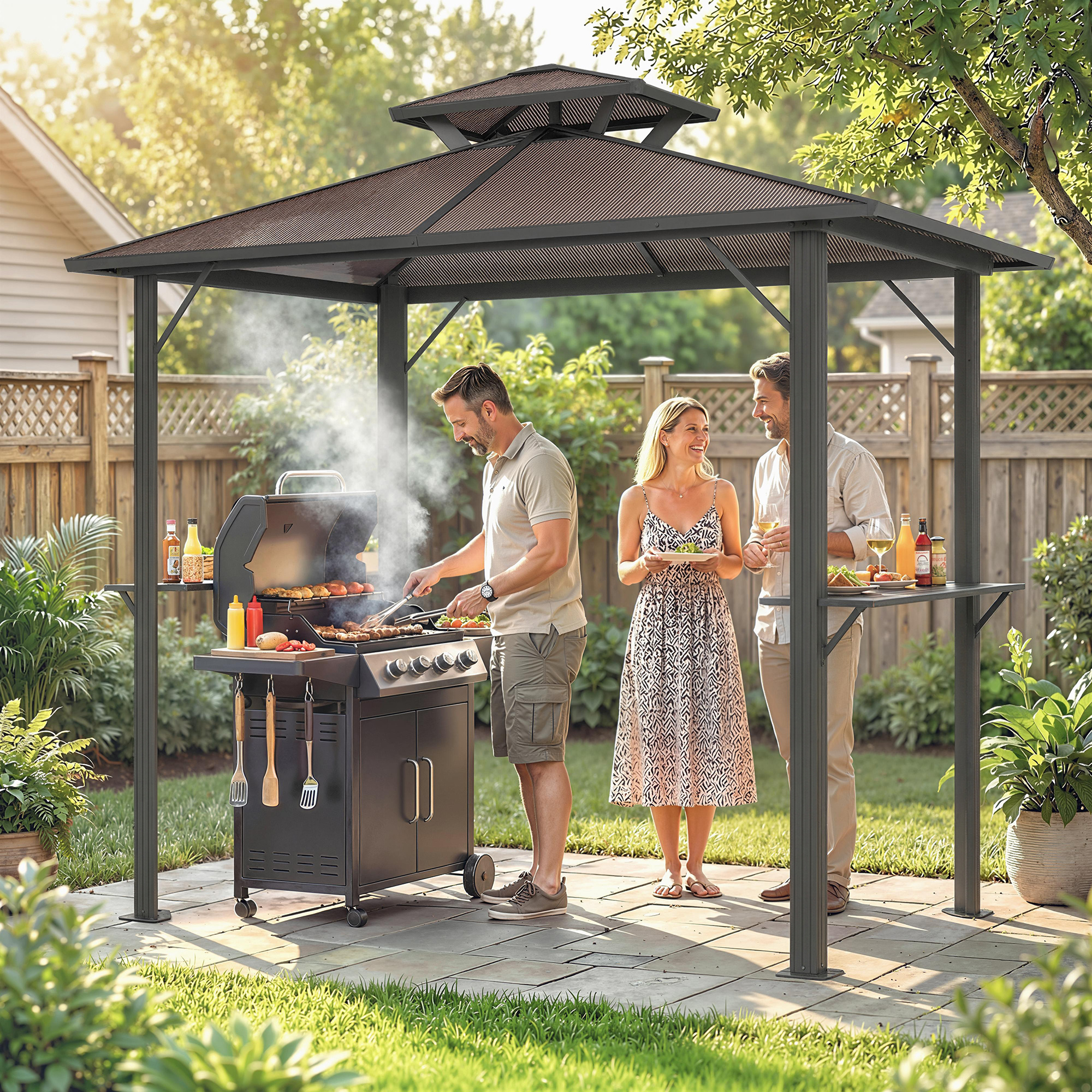 Grillpavillon 2,5 x 1,5 m, Wasserdicht Grillüberdachung mit Doppeldach aus Polycarbonat Seitenablage Braun