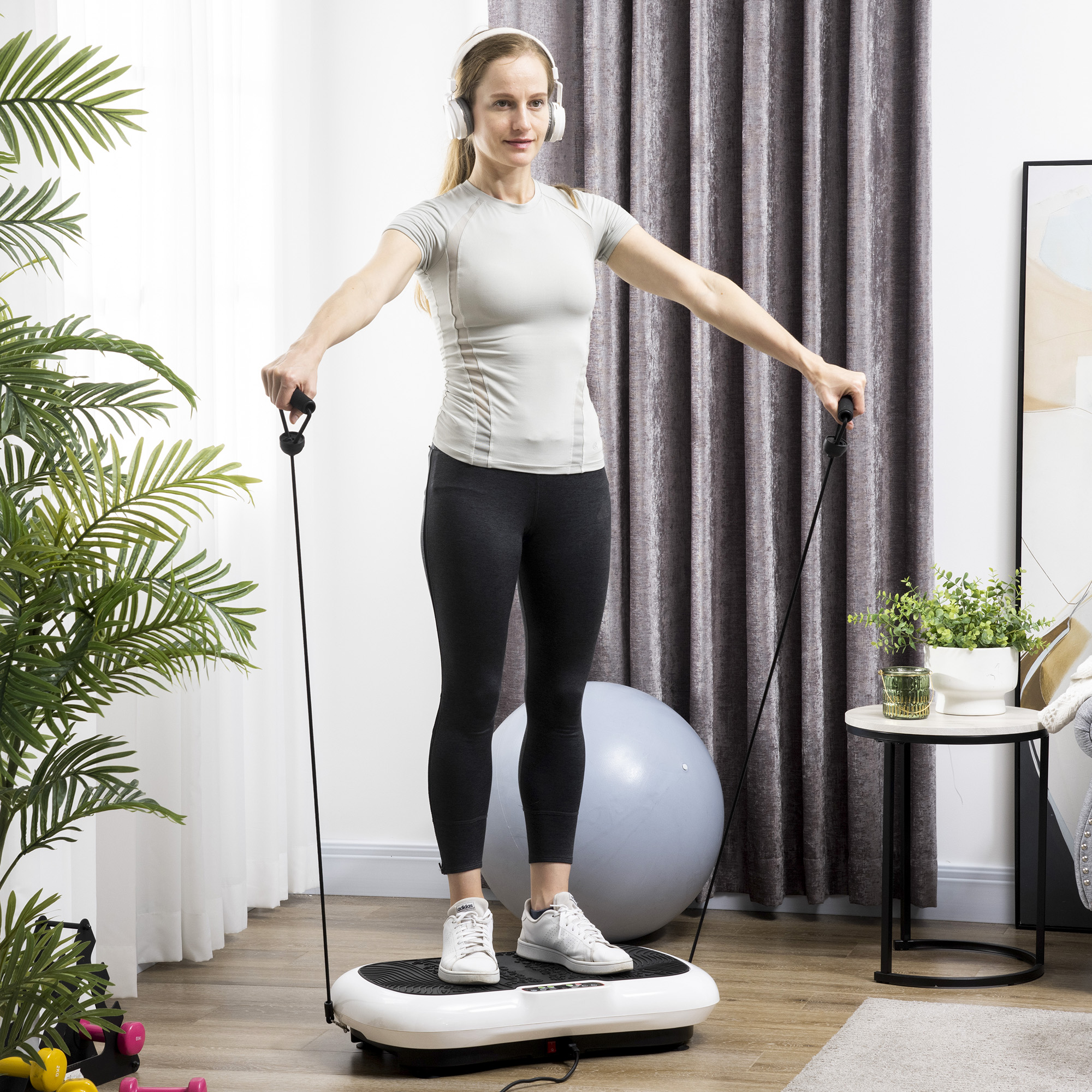 Vibrationsplatte mit 99 Stufen, 2 Fitnessbändern 73 x 40 x 13cm Weiß+Schwarz