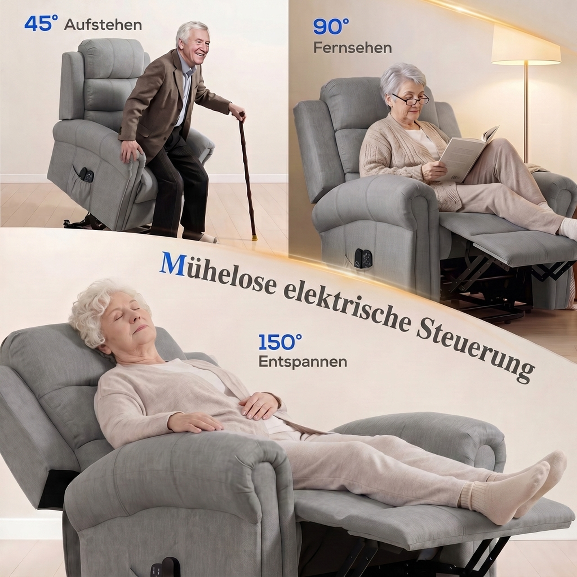 Power-Lift-Relaxsessel mit Vibrationsmassage und Wärmefunktion, Aufstehsessel mit USB-Anschluss, Seitentaschen und Fernbedienungen, Hellgrau