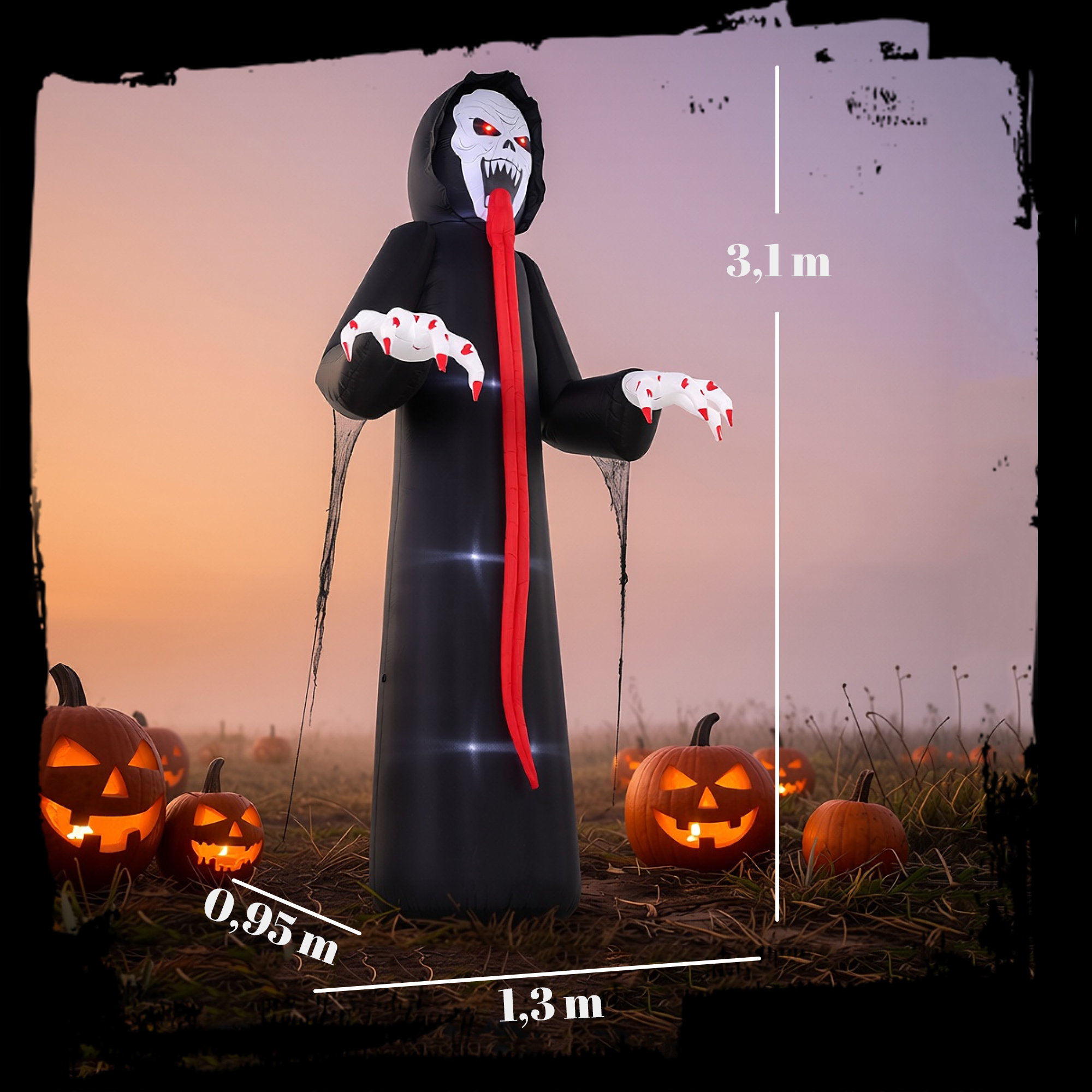aufblasbares Halloween-Skelett, 310 cm, mit integrierten LED-Lichtern, gruselige Deko für Innen- und Außenbereich