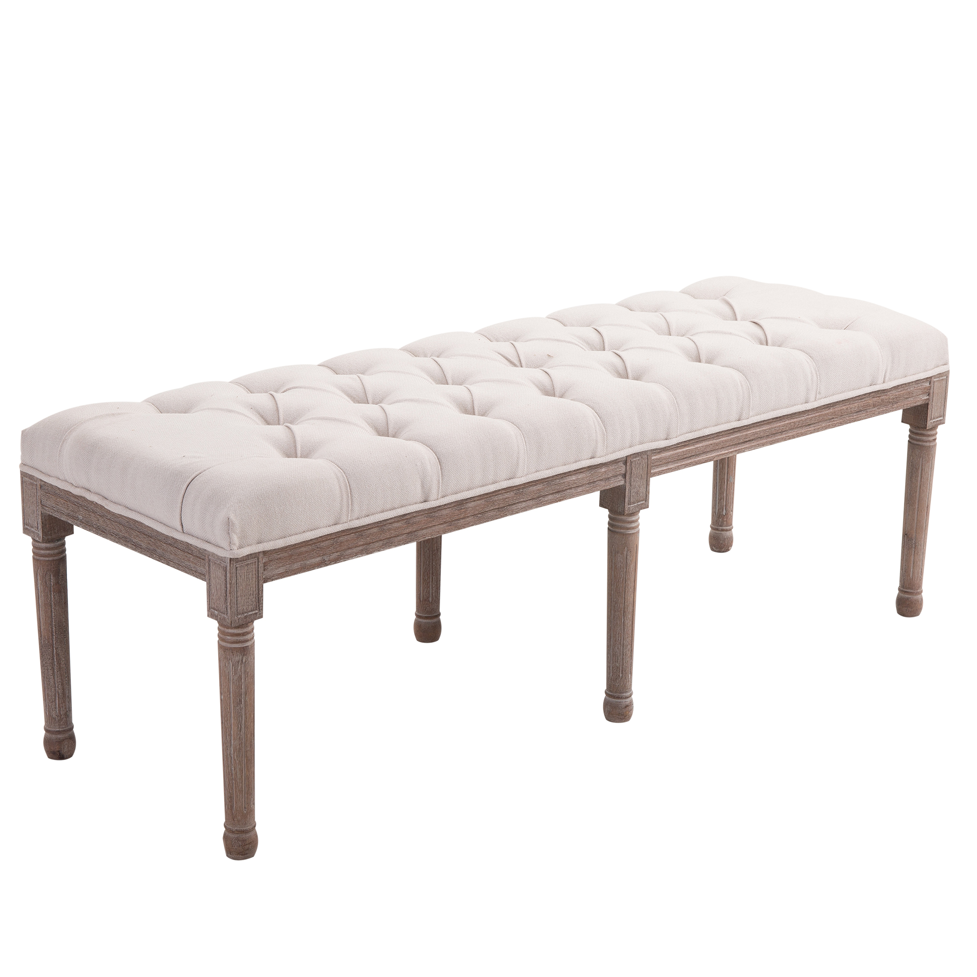 Polsterbank Sitzbank Lounge Sitzhocker Vintage Retro mit Knöpfen Leinen + Holz beige 142 x 47 x 51 cm Polsterbank Sitzbank Lounge Sitzhocker Vintage Retro mit Knöpfen Leinen + Holz beige 142 x 47 x 51 cm