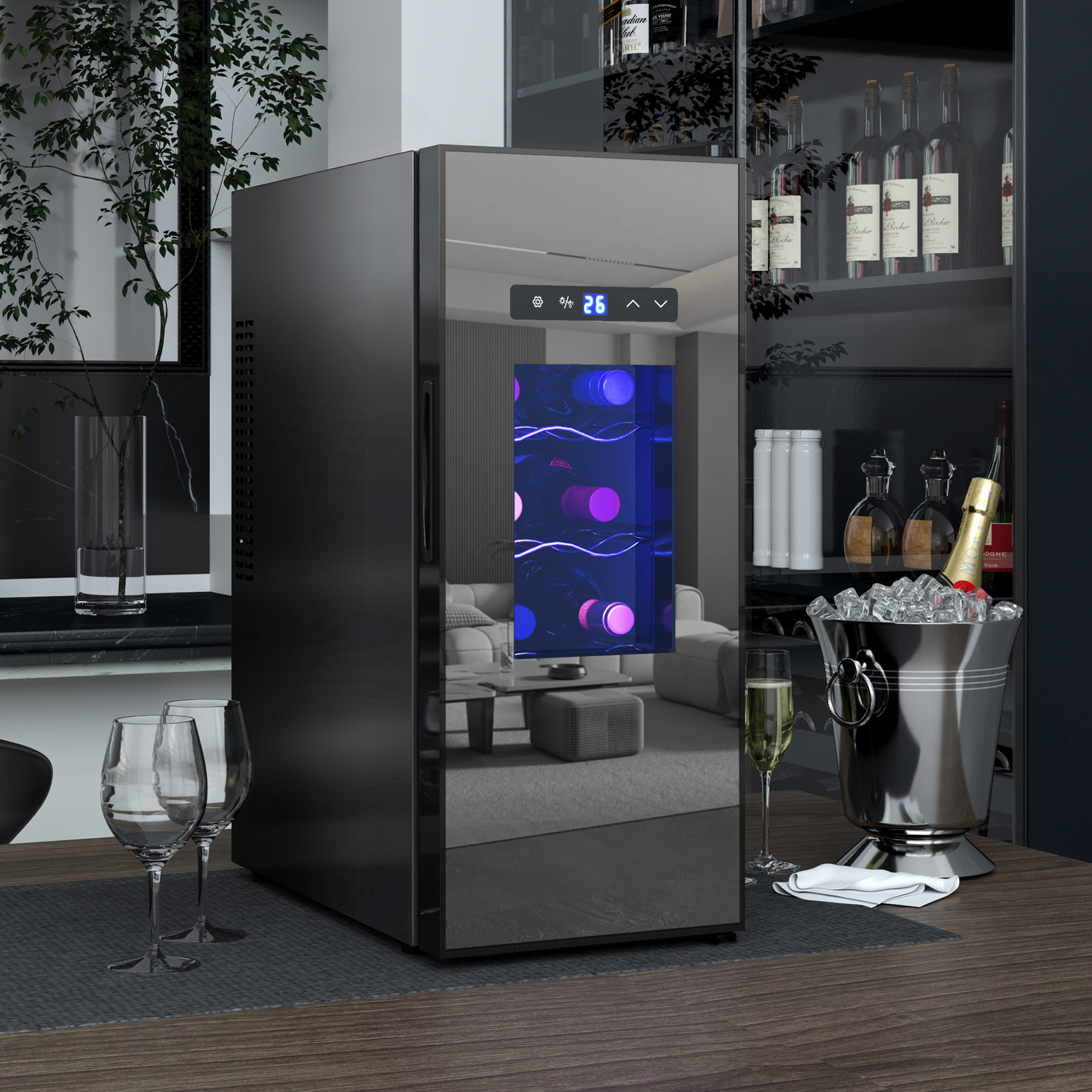 Weinkühlschrank für 12 Flaschen, mit Glastür, Getränkekühlschrank mit LED-Licht, Touch-Screen, Schwarz