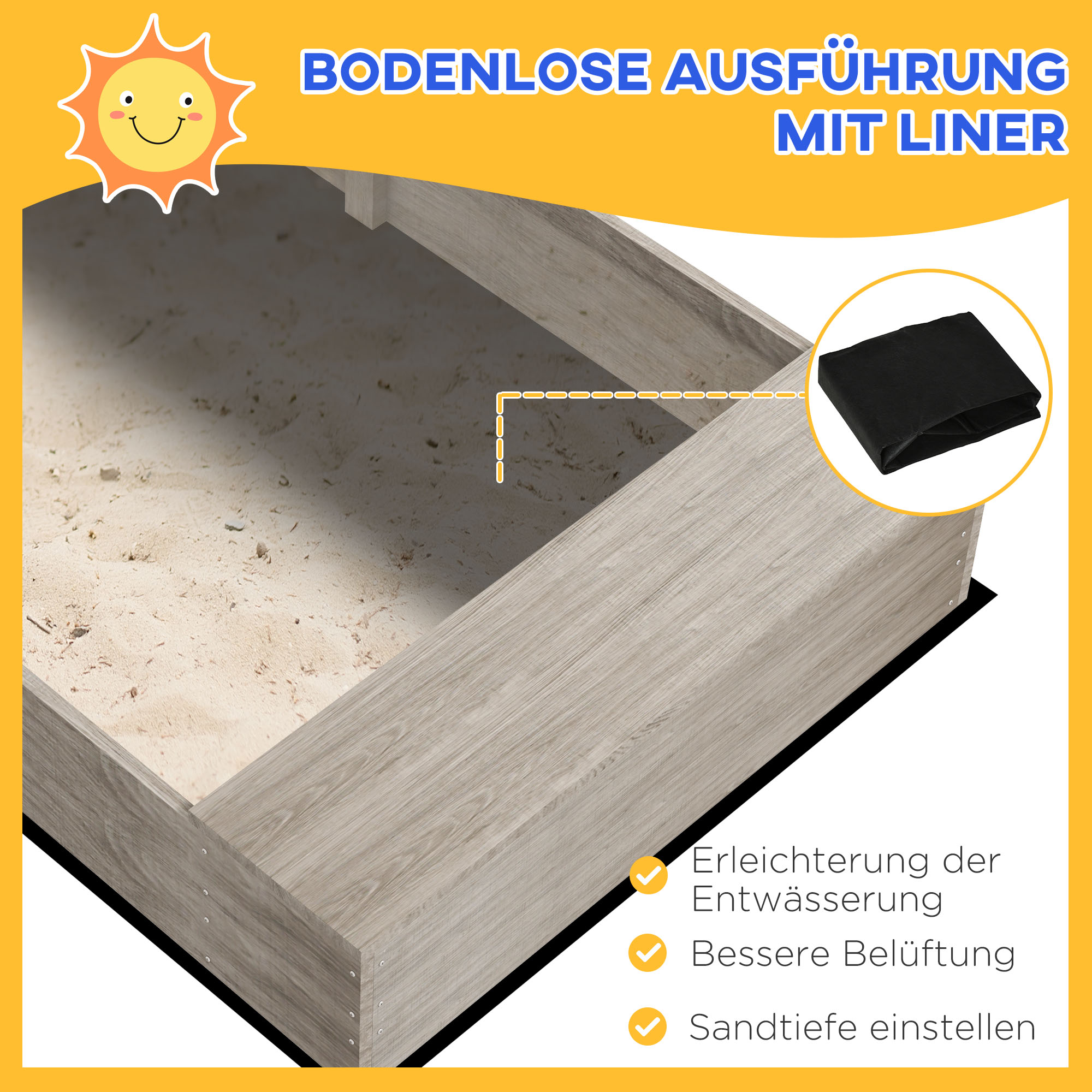 Sandkasten mit Wasserstation, 2 Pflanzkästen, behandeltes Massivholz, 154 x 80 x 60cm, Grau