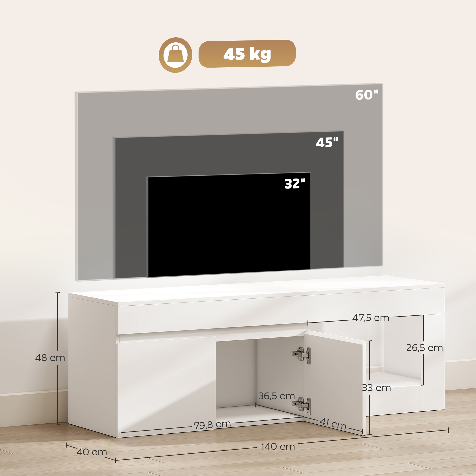 modernes TV-Lowboard fürs Wohnzimmer mit 2 Türen, offenem Fach und Griffen, für TVs bis 60 Zoll, 140 x 40 x 48 cm, Weiß