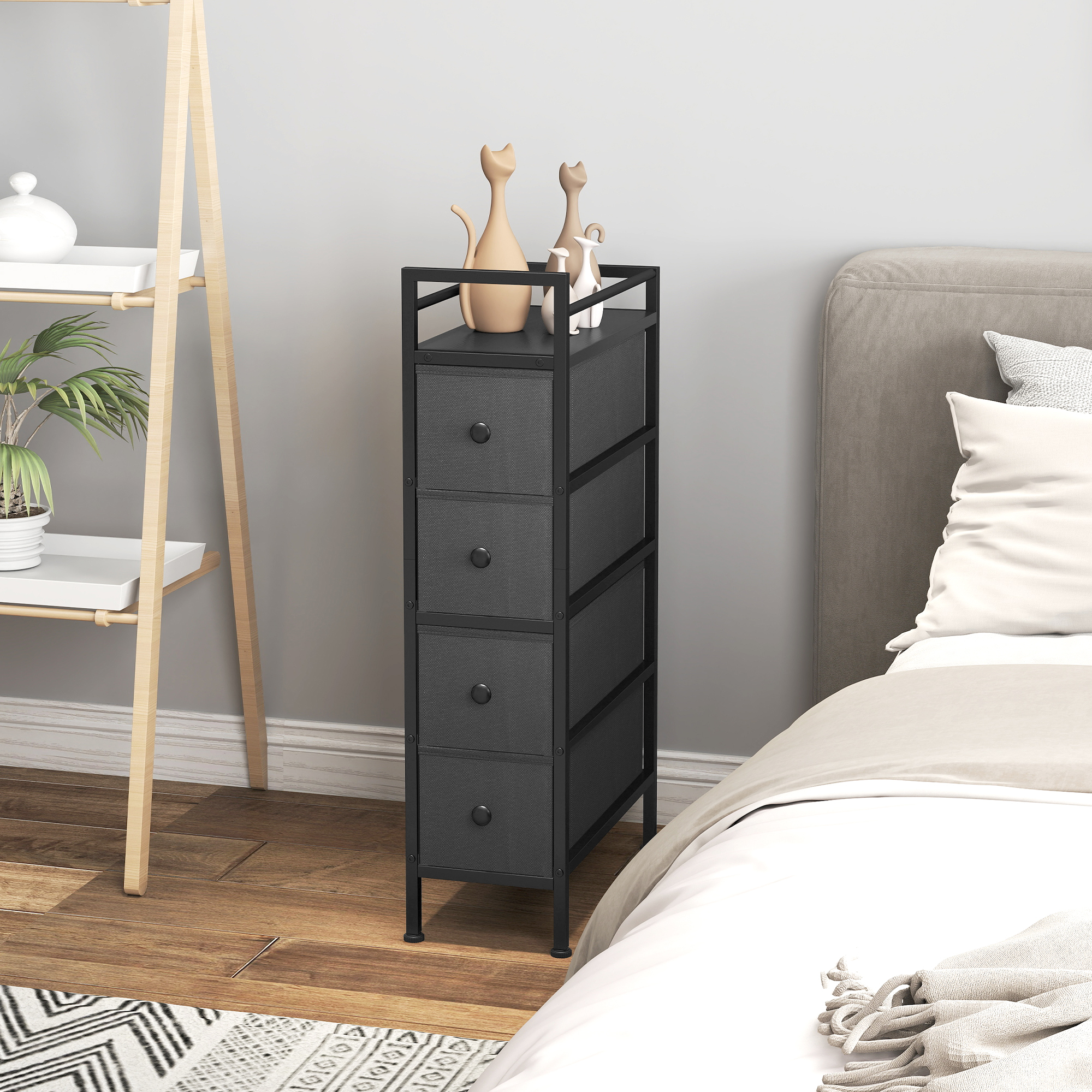 Kommode Schrank mit 4 Schubladen aus Vliesstoff Aufbewahrungsschrank mit Stahlrahmen, 20cm x 43cm x 81,5cm, Schwarz