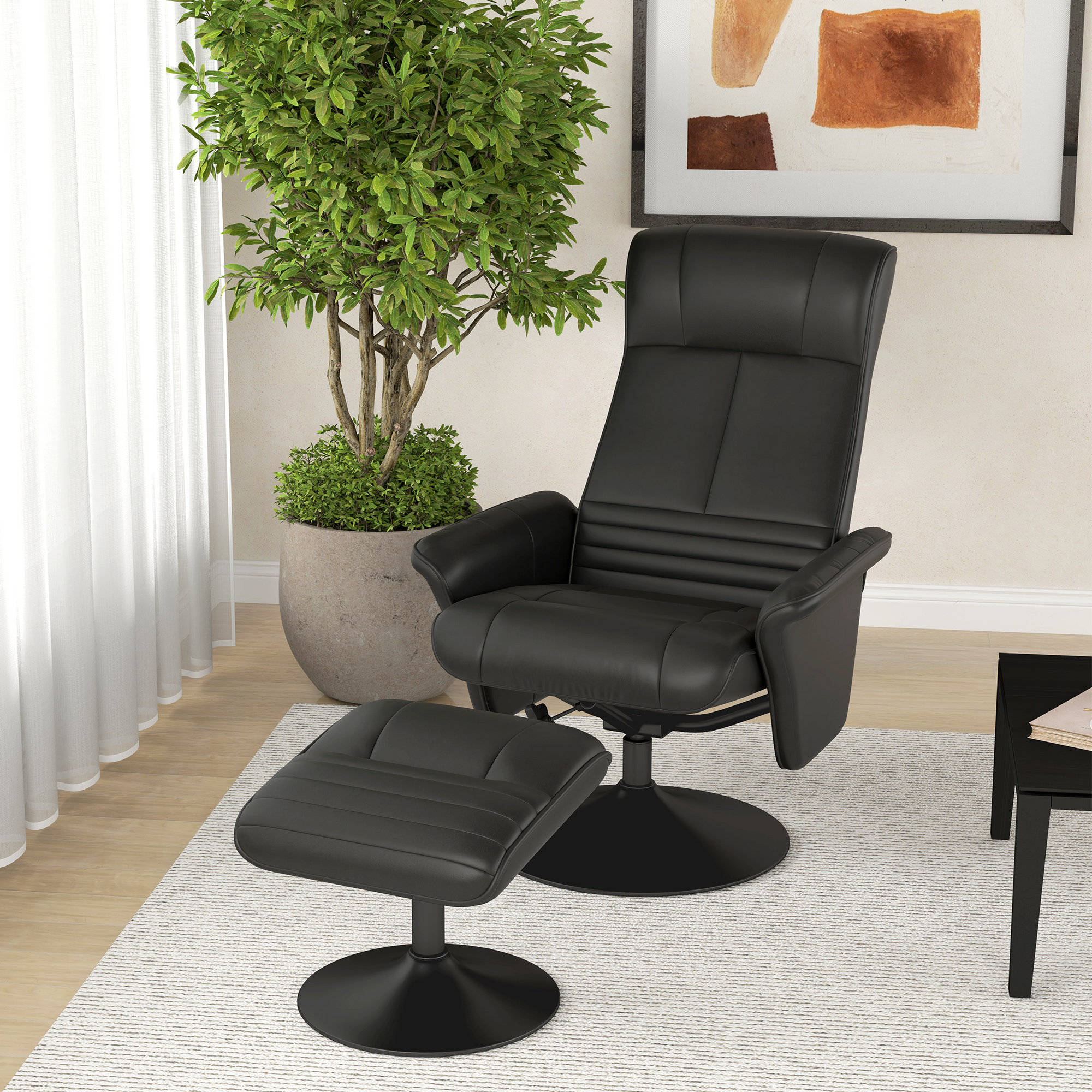 Polstersessel, Akzentsessel mit Hocker, drehbar, ergonomisch, Mikrofasertuchoptik, bis 150 kg, Schwarz