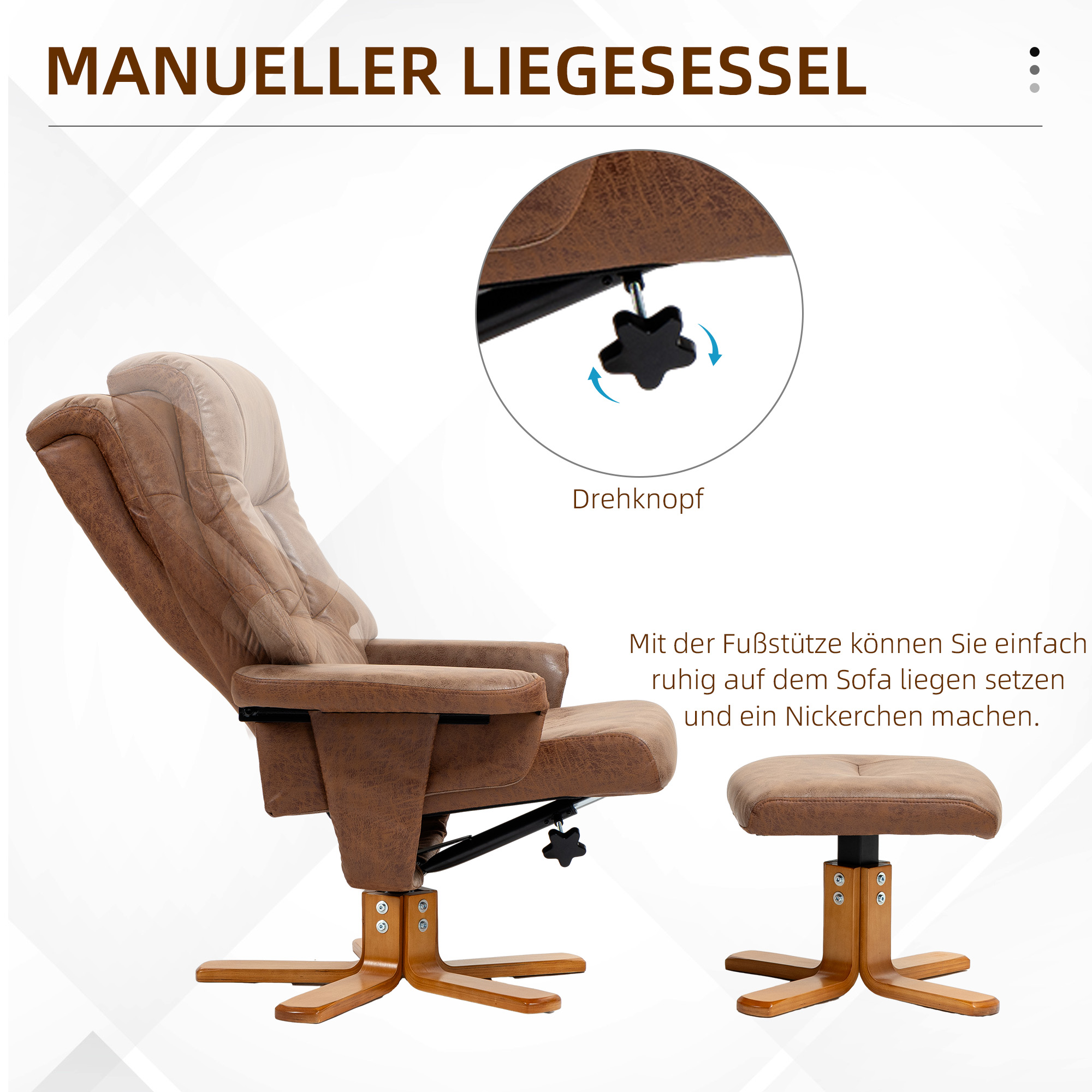 Relaxsessel mit Hocker, 360° drehbar, 135° neigbar, atmungsaktiver Bezug, 78 x 82,5 x 109 cm, braun