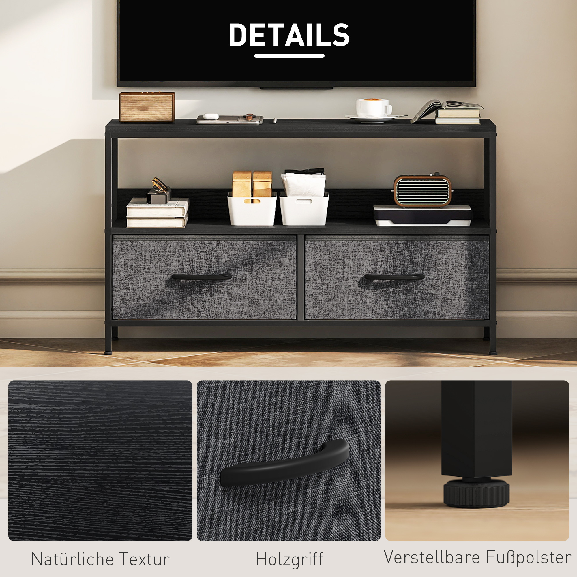 TV Schrank Lowboard mit 2 Schubladen, offenem Fach, für Fernseher bis 47 Zoll, 98 x 29 x 56 cm, Schwarz+Dunkelgrau