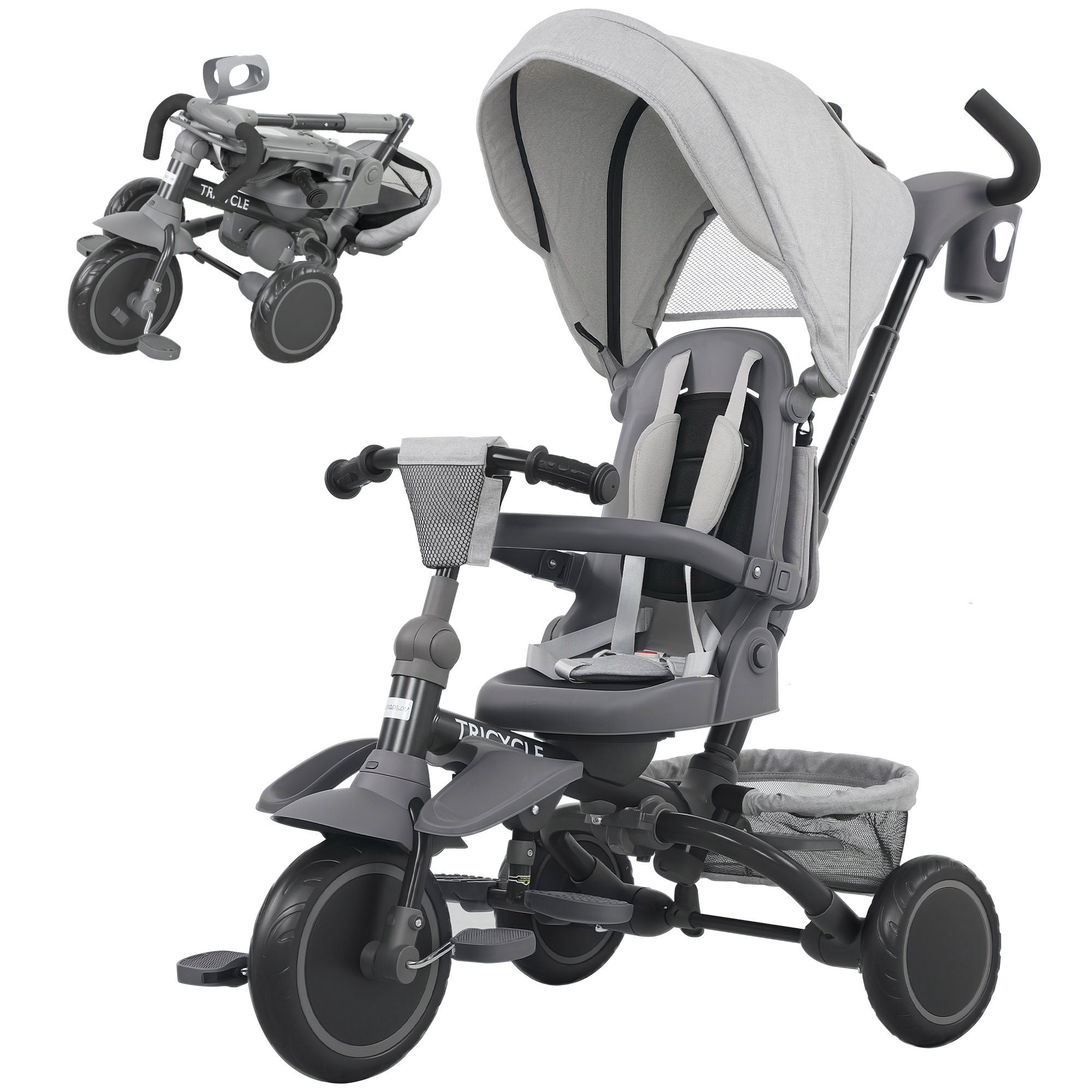 Kinderdreirad, 6-in-1 Buggy für Kleinkinder, mit Schiebegriff, verstellbarer Sitz, faltbares Design, Sicherheitsnetz, Grau Kinderdreirad, 6-in-1 Buggy für Kleinkinder, mit Schiebegriff, verstellbarer Sitz, faltbares Design, Sicherheitsnetz, Grau
