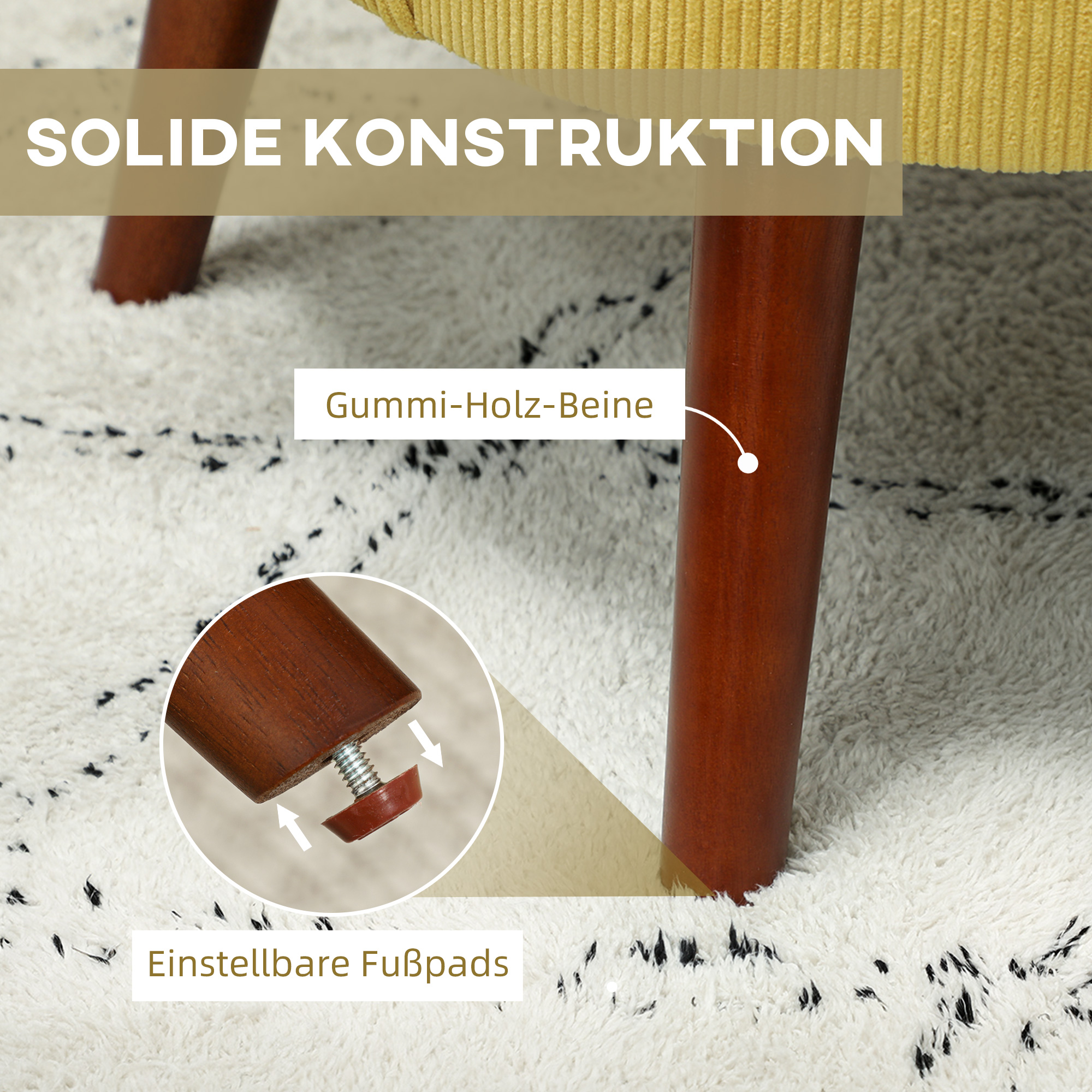 Moderner Armlehnstuhl, Gepolsterter Akzentstuhl mit Lendenkissen, Kautschukholzbeinen, Gelb