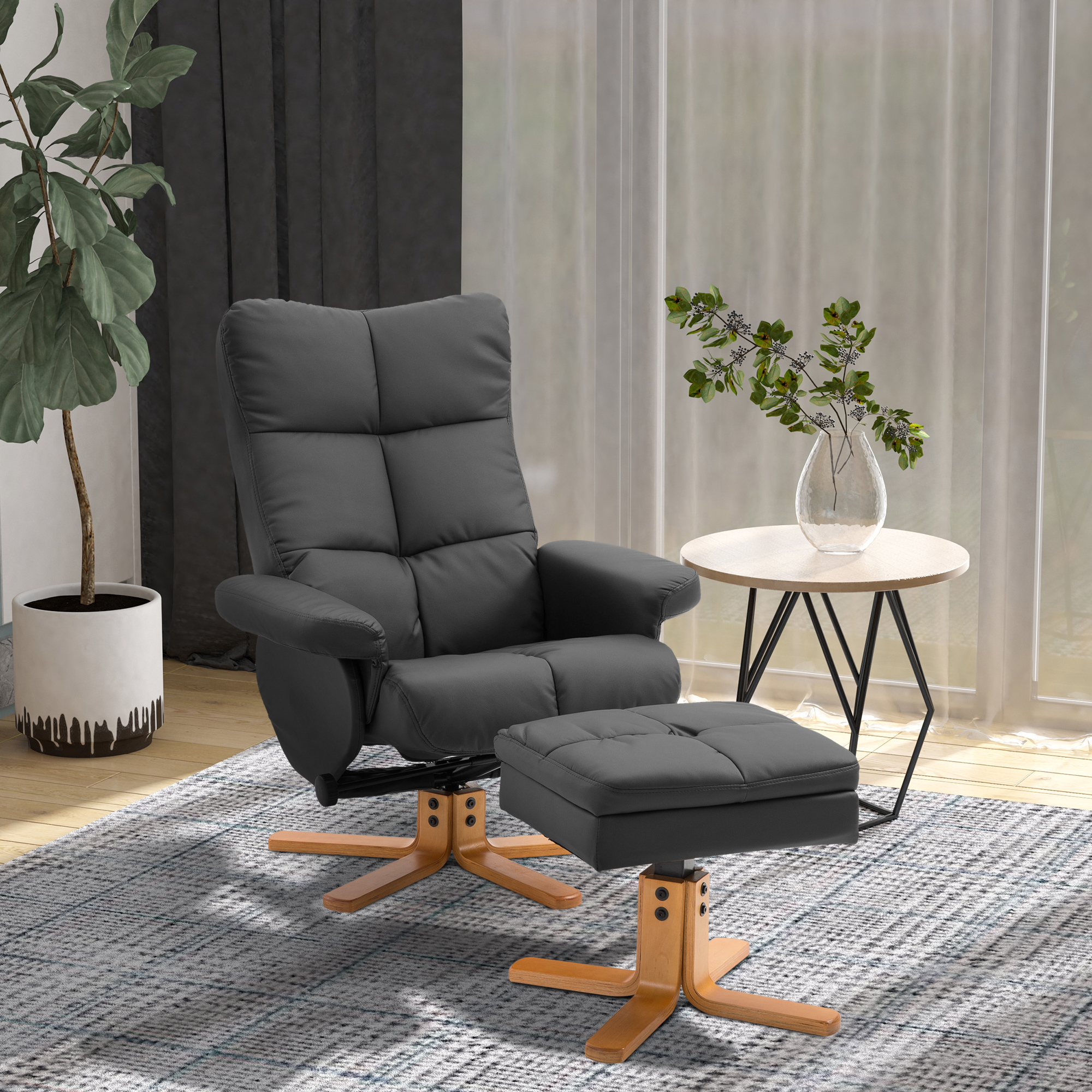 Relaxsessel mit Hocker, Stauraum, Gepolstert Fernsehsessel mit Liegefunktion, 360° Drehbar TV-Sessel für Schlafzimmer, Wohnzimmer, Kunstleder, Schwarz