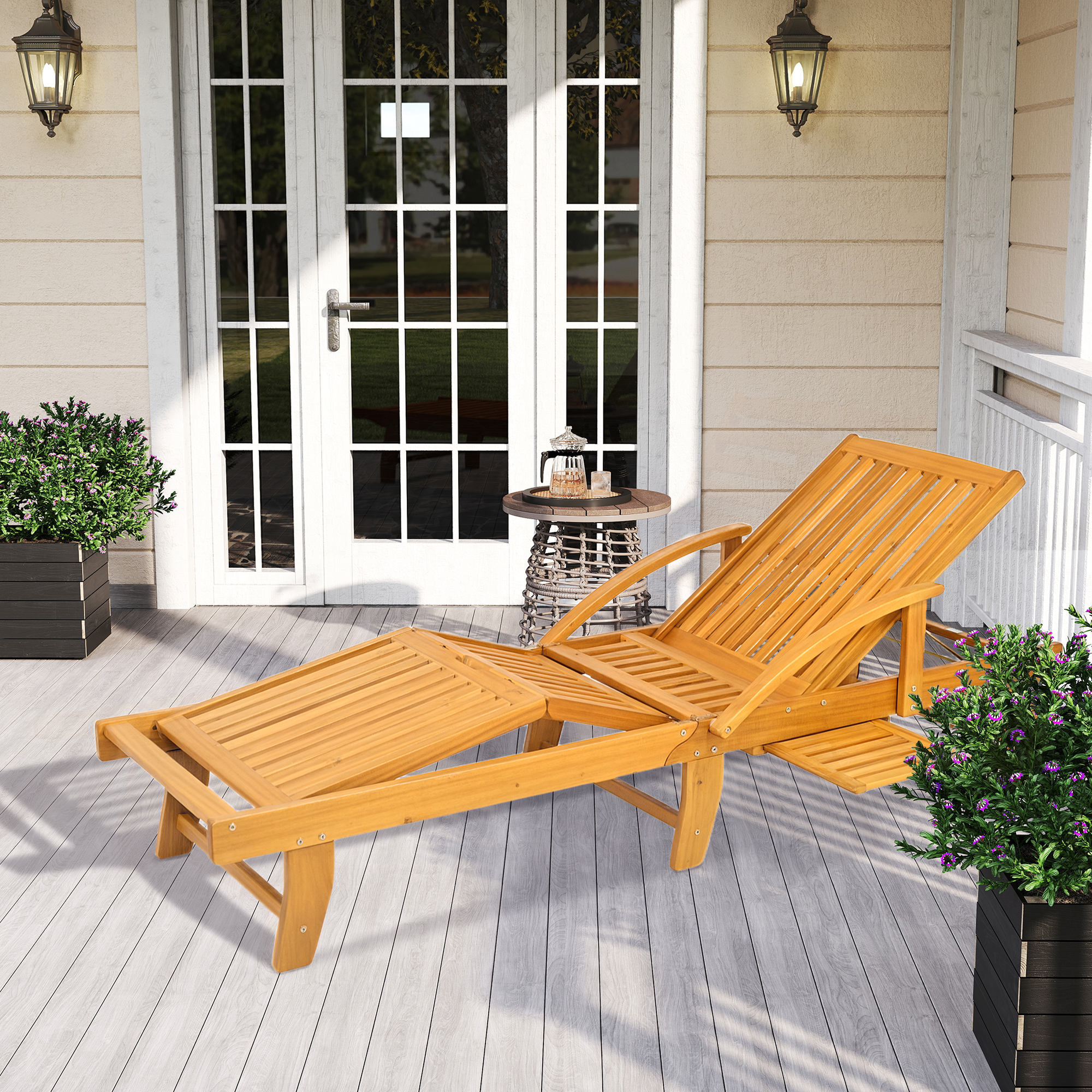 Sonnenliege Holz klappbar Gartenliege mit Seitentisch, Rolle, 4-Fach verstellbare Rückenlehne Teak