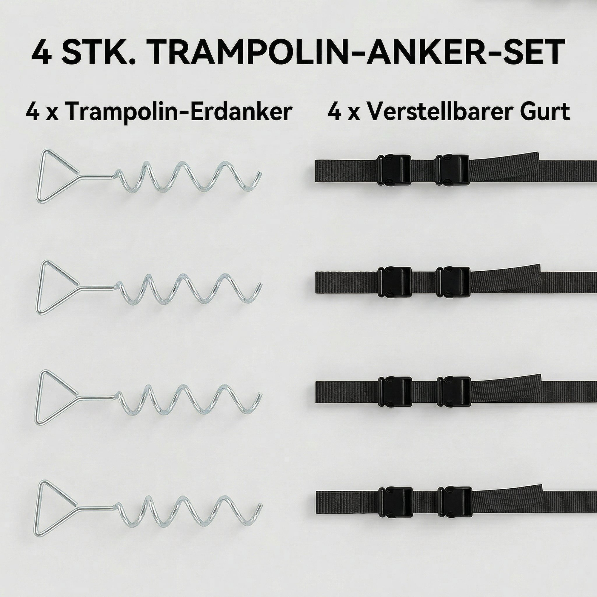 Bodenanker Schraube 4er Set 32 cm spiralförmige Trampolin Pfähle Anker mit Dreiecksgriff, verstellbare Gurte Silber