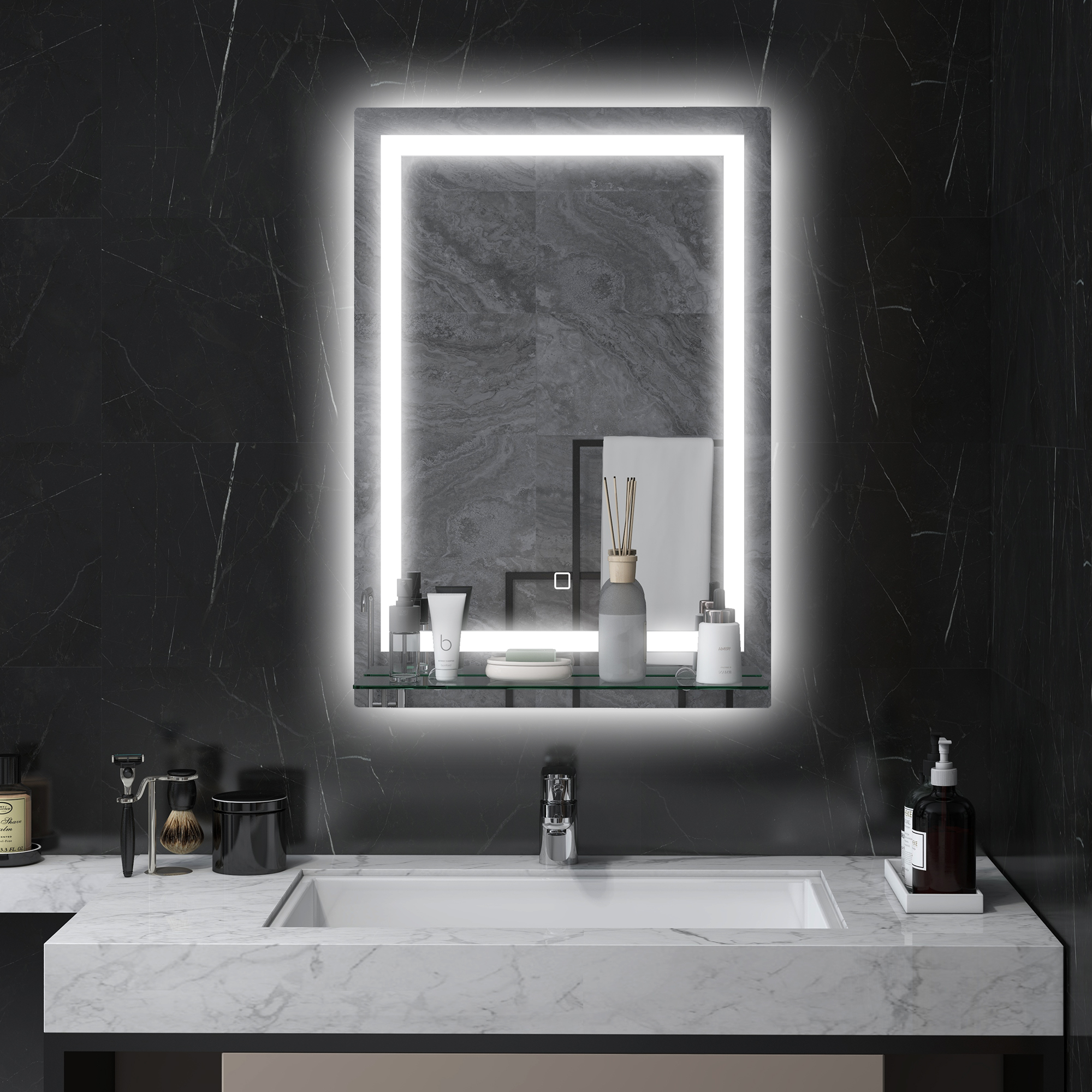 LED-Badspiegel, dimmbar, Anti-Beschlag, Touch-Schalter, Ablage, 50 x 70 cm, Silber