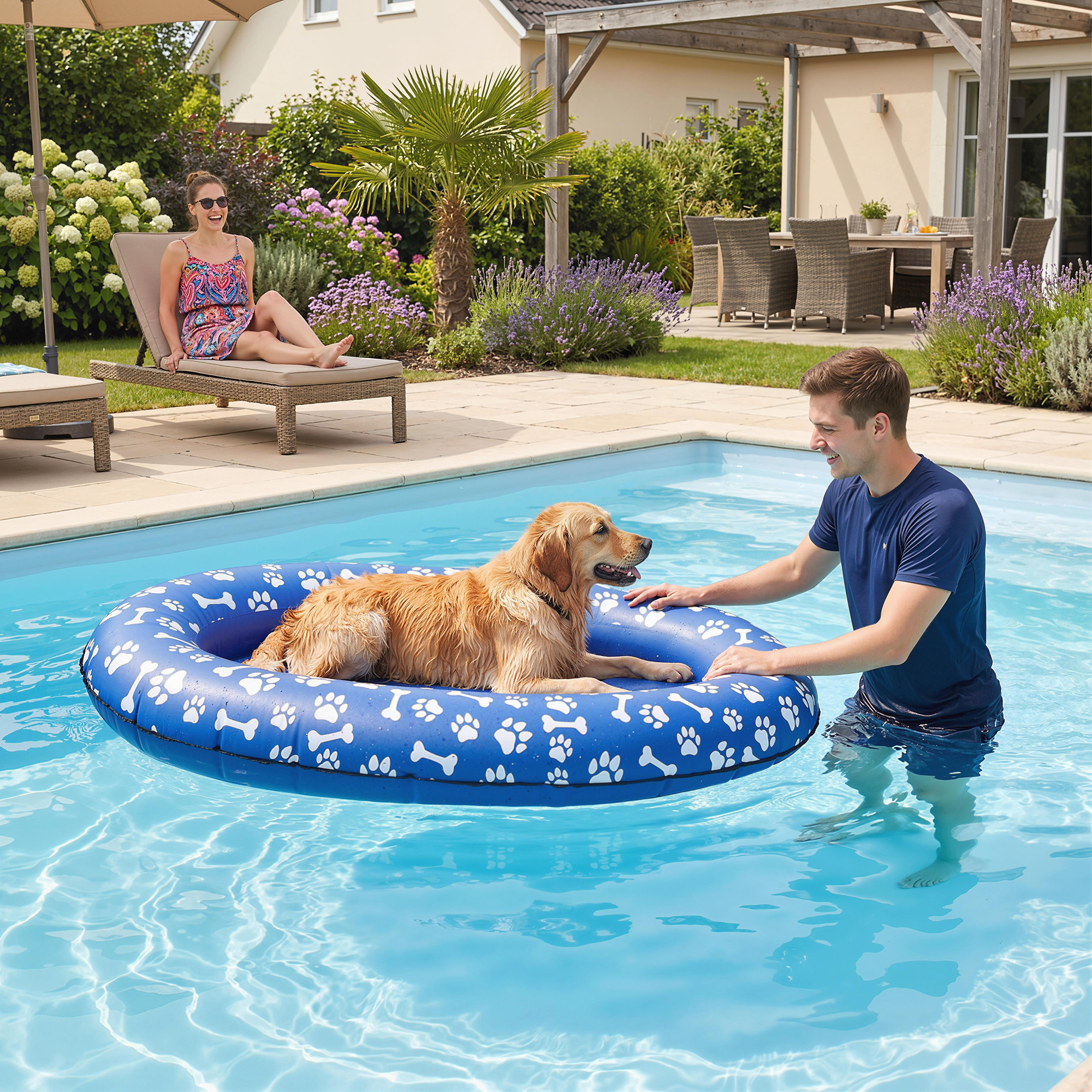 Aufblasbares Schlauchboot Hunde Faltbare Schwimmende Wassermatte Hund mit Griff für Hunde bis 40kg 155x104x25cm Blau