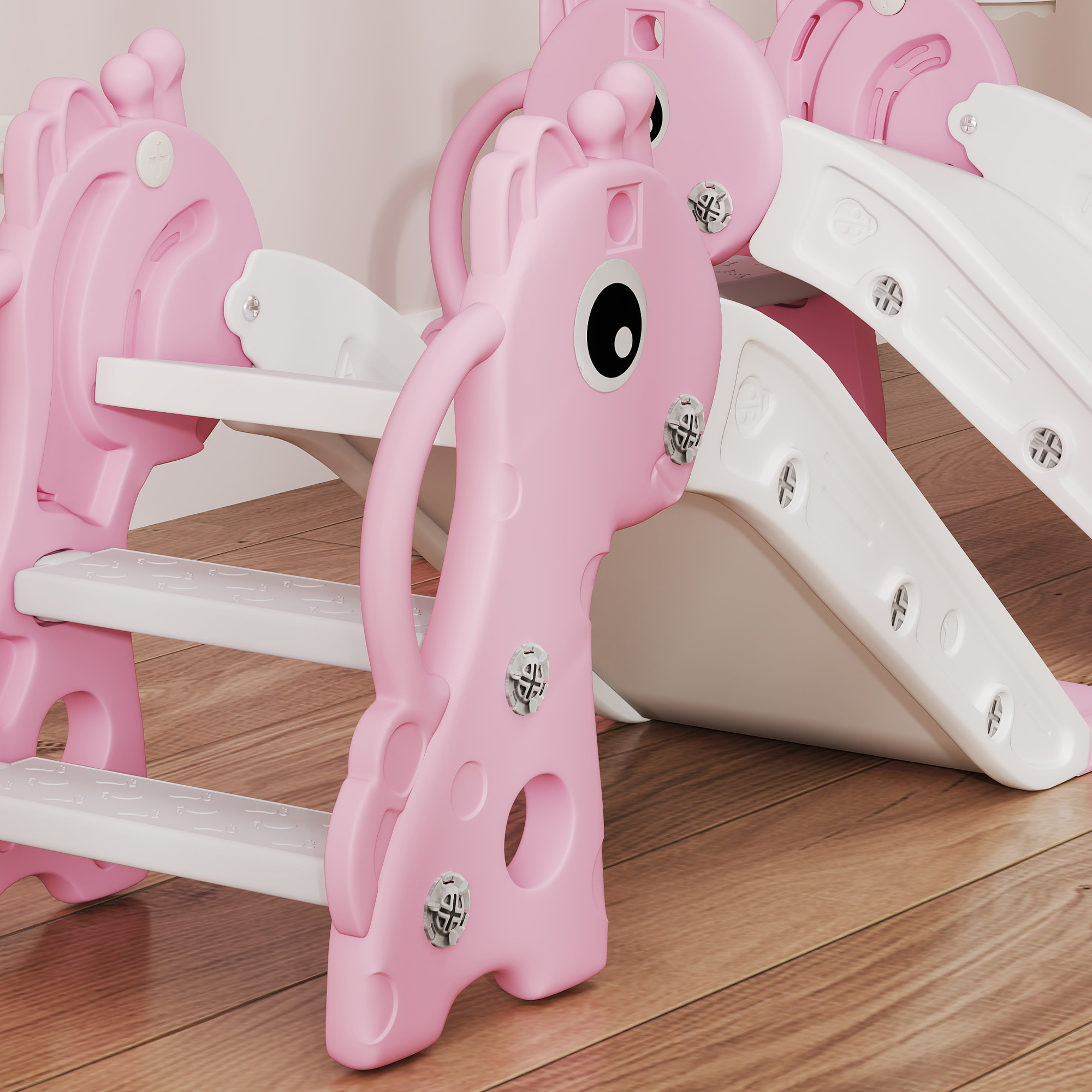 3-in-1 Rutsche für Kinder, Giraffenform, Basketballkorb, Ball, Rosa