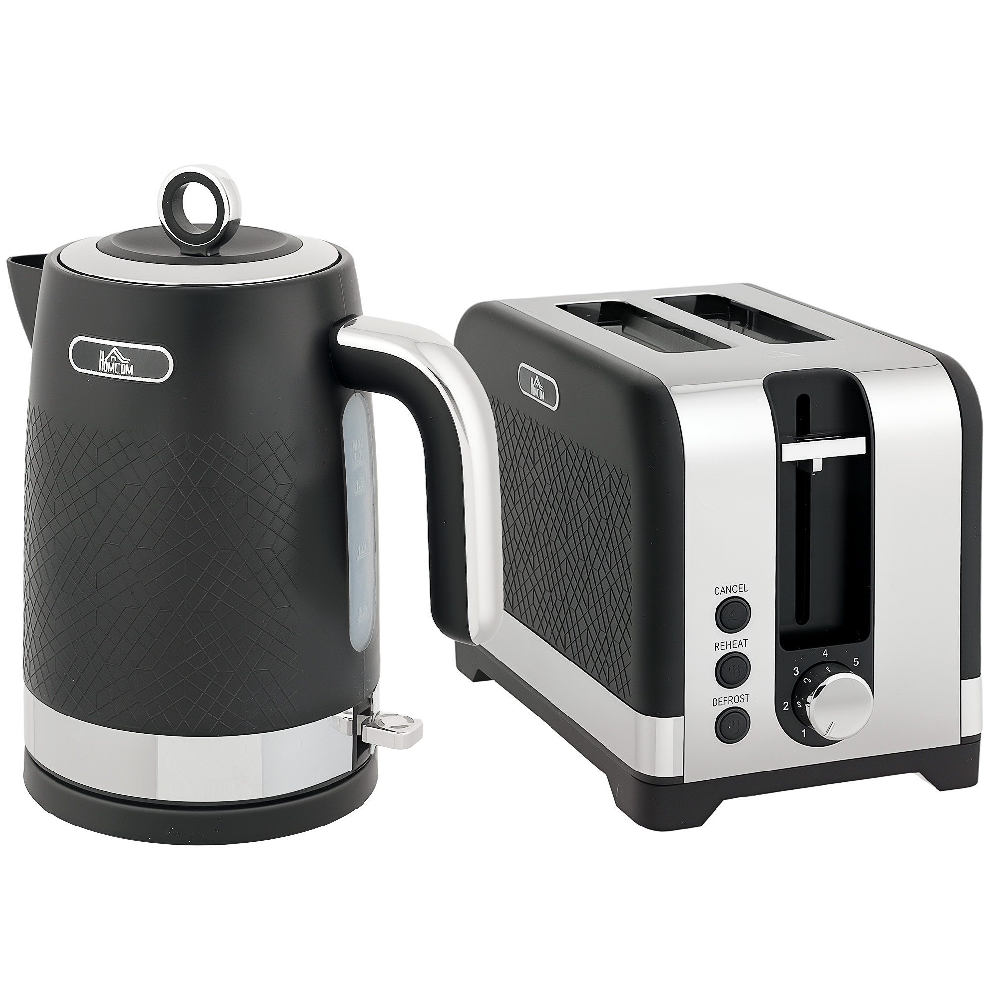 Wasserkocher- und Toaster-Set, 1,7 l 2200 W Schnellkoch-Wasserkocher mit Thermostat, 2-Scheiben-Toaster, Schwarz