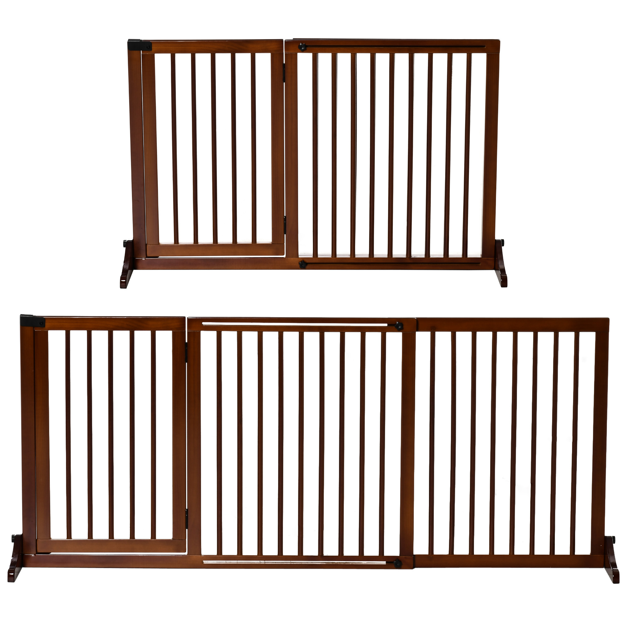 Absperrgitter Hunde Türschutzgitter Schutzgitter aus Holz Freistehendes Hundegitter mit Tür Hundeabsperrgitter Konfigurationsgitter für Kamin & Ofen Braun 113-166 x 36 x 71 cm