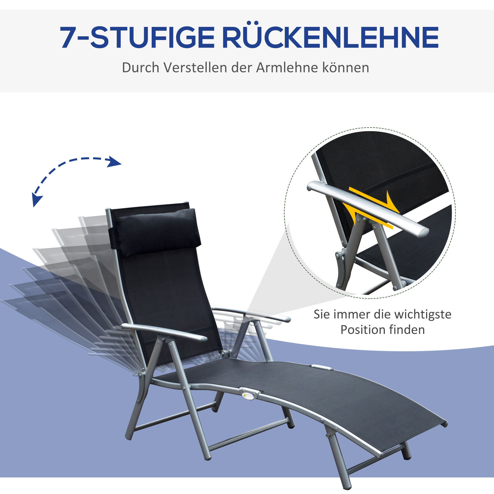 Sonnenliege klappbar Strandliege mit Kissen Liegestuhl mit 7-Fach verstellbare Rückenlehne Gartenliege Relaxliege Gartenstuhl bis 165 kg belastbar, für Garten Urlaub Outdoor, Schwarz