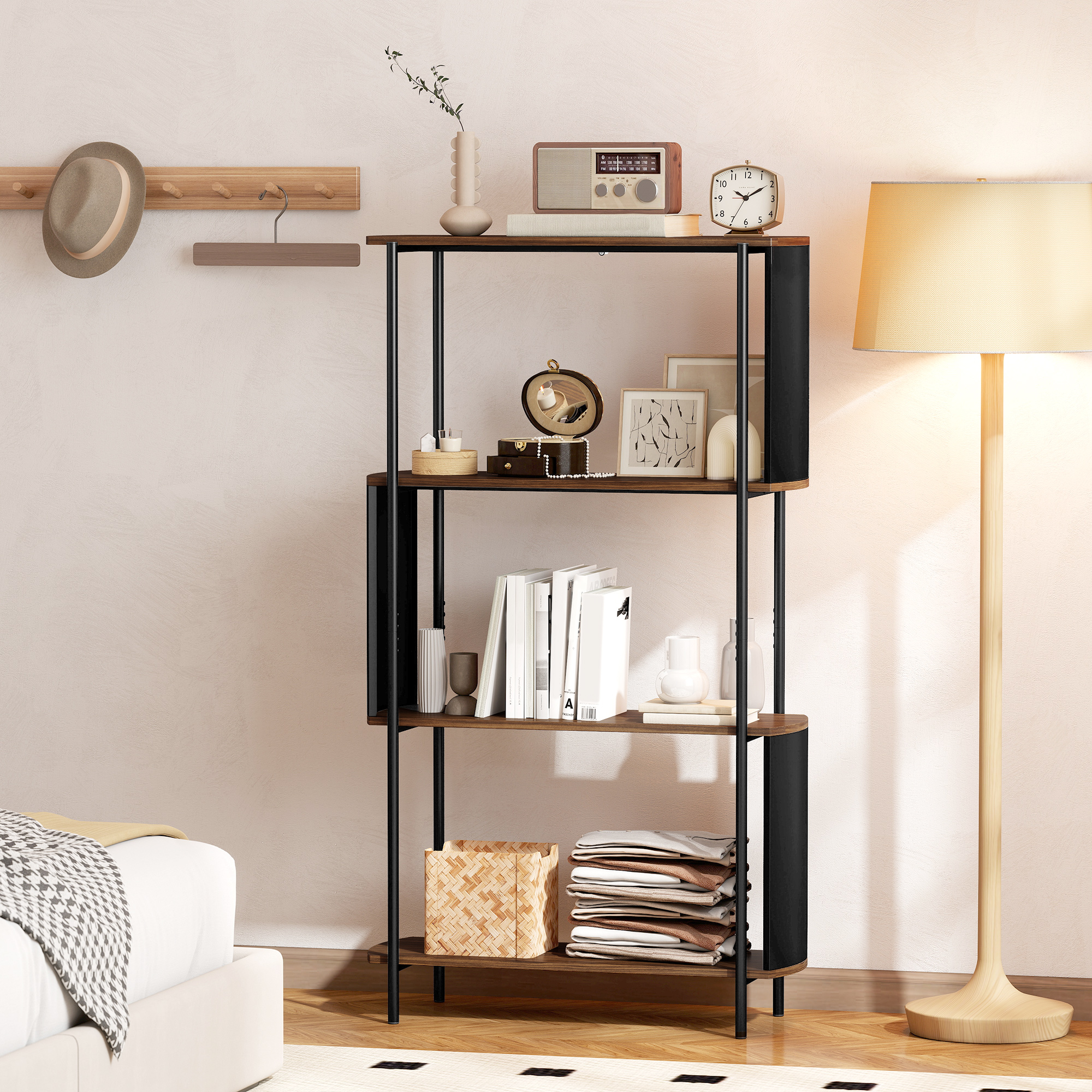 4-stufiges Regal, freistehendes Regal mit geschwungenem Design, industrielles Bücherregal, braune Holzoptik