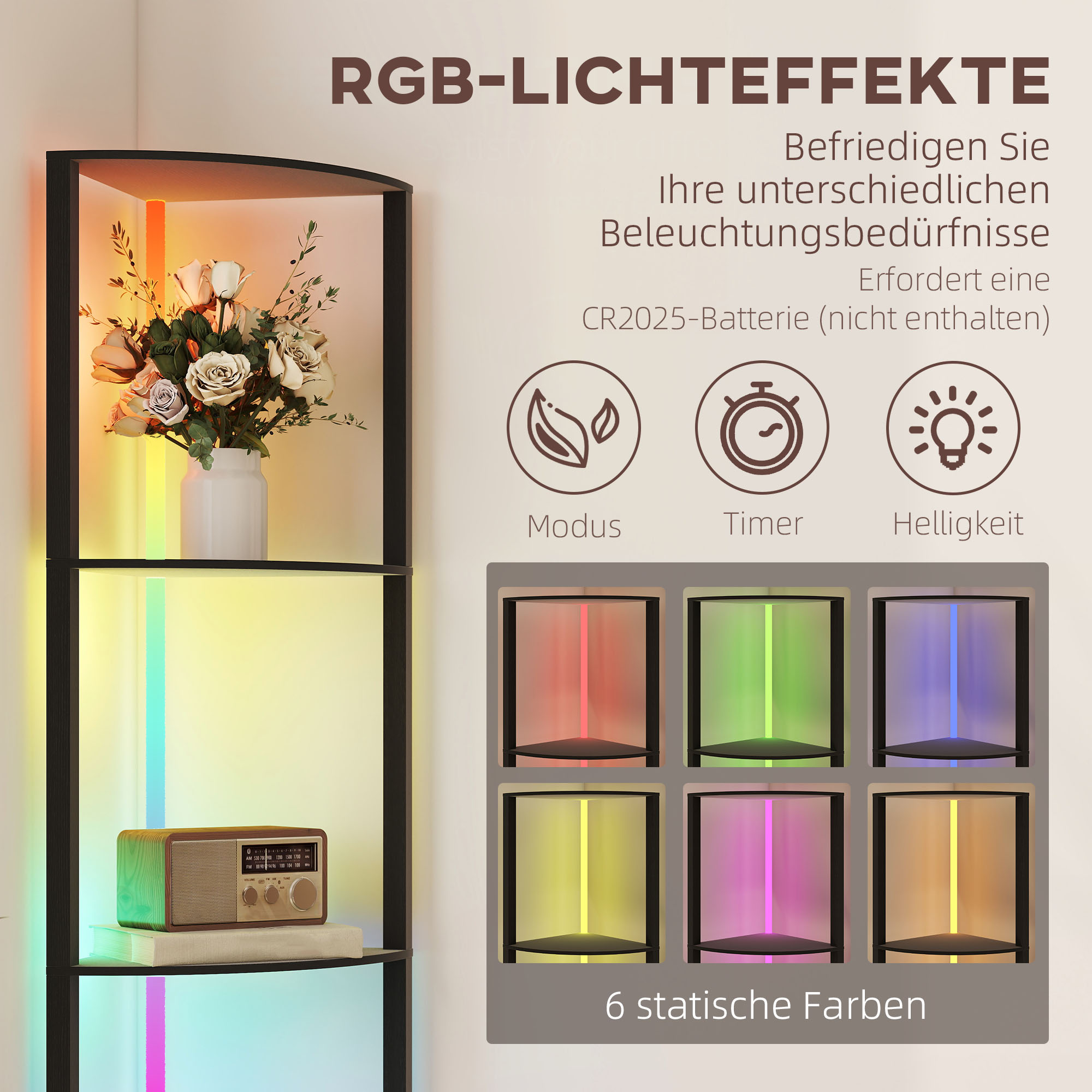 LED Stehlampe 5-stufige dimmbar Stehleuchte mit Regal,  RGB Farbwechsel, Fernbedienung